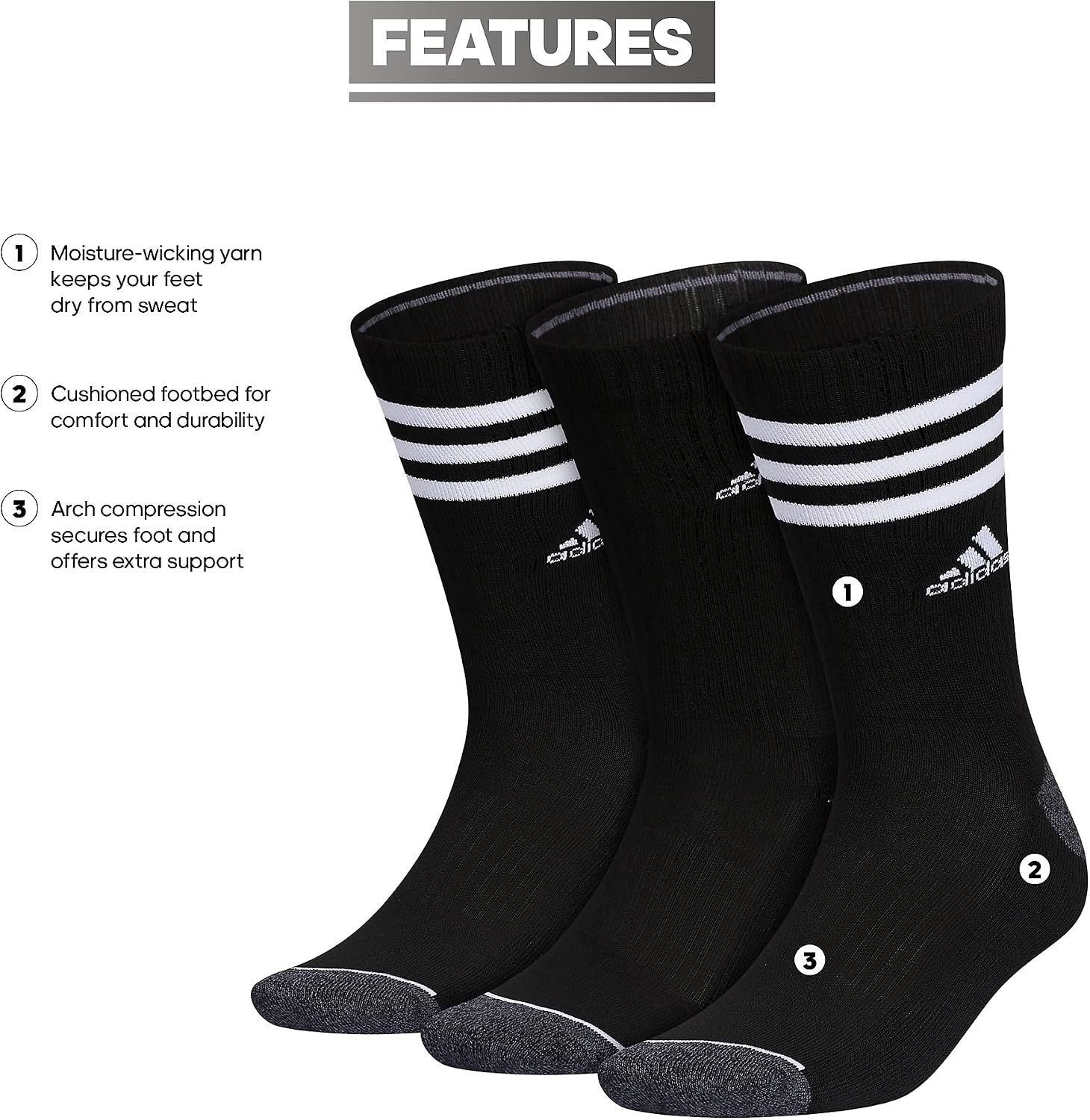 image:imageadidas Mens Cushioned High Quarter Socks 3 Pairs Durable amp ComfortableBlackOnix GreyWhite30Crew