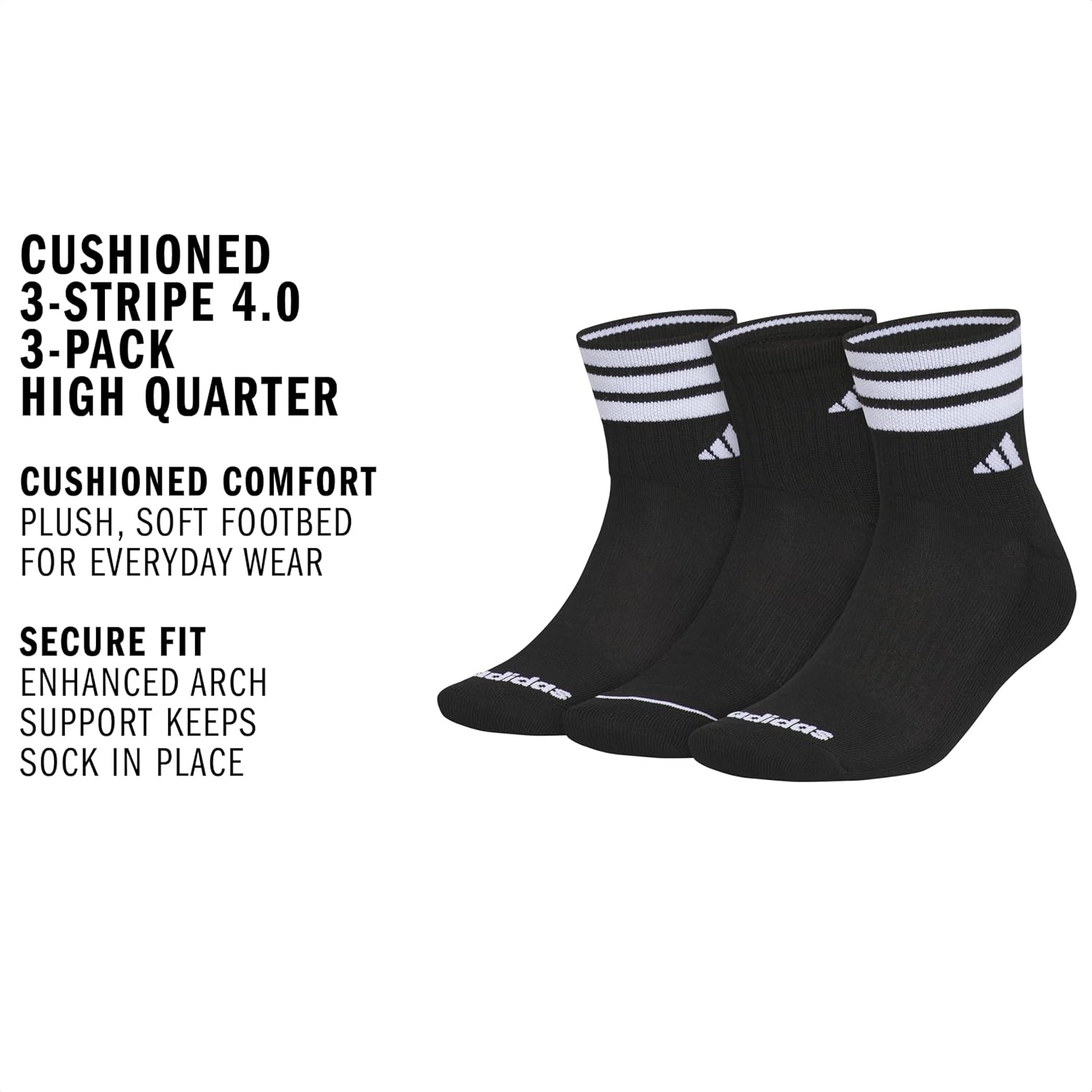 image:imageadidas Mens Cushioned High Quarter Socks 3 Pairs Durable amp ComfortableBlackWhite40High Quarter