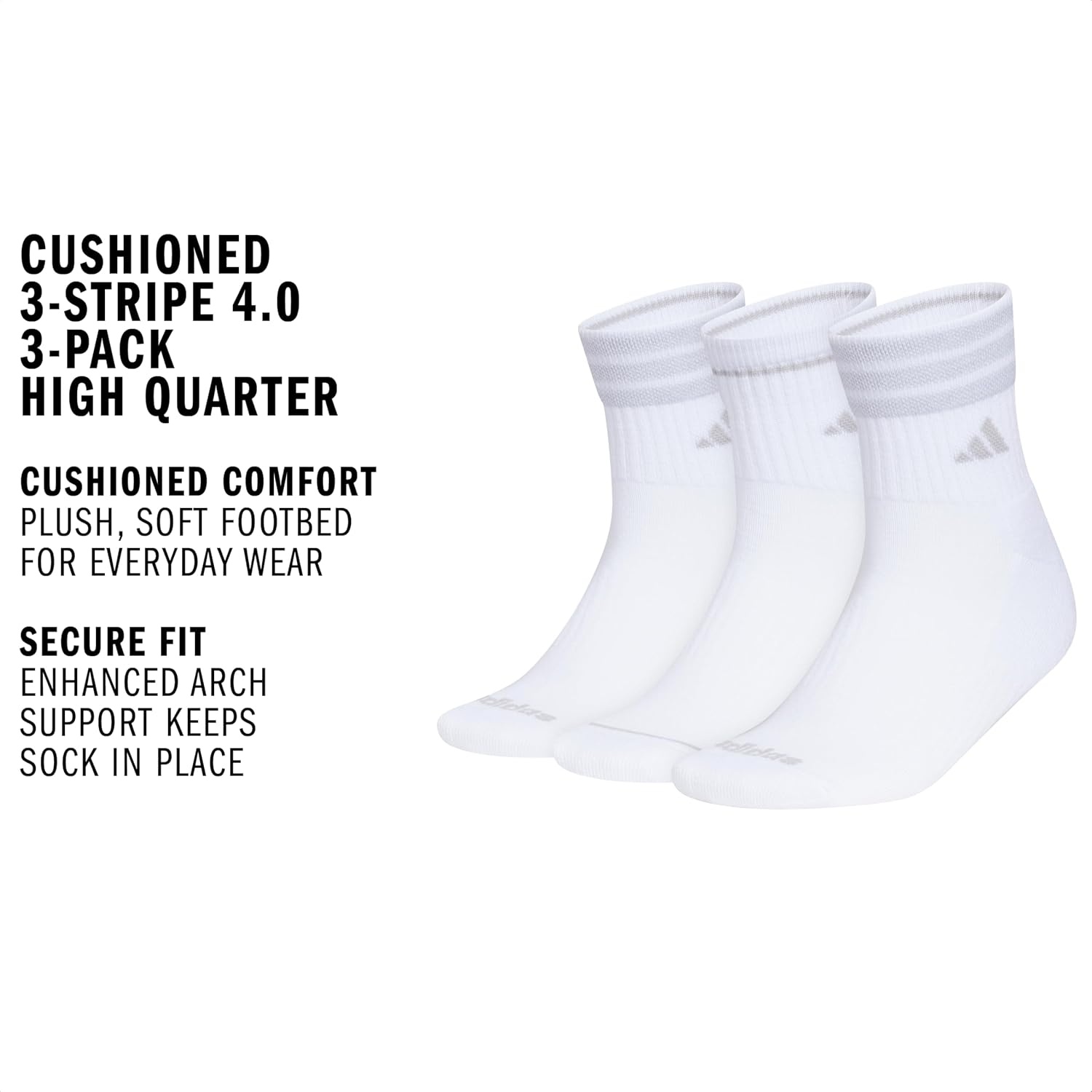 image:imageadidas Mens Cushioned High Quarter Socks 3 Pairs Durable amp ComfortableWhite40High Quarter