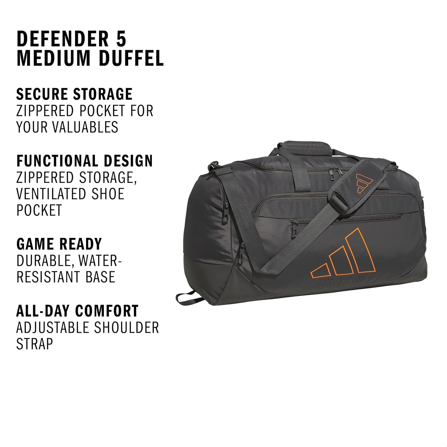 image:imageadidas Defender 5 Duffel Bag for Sports Gym and Travel Team Navy Blue 2 OSFAGrey SixPure OrangeMedium 59L