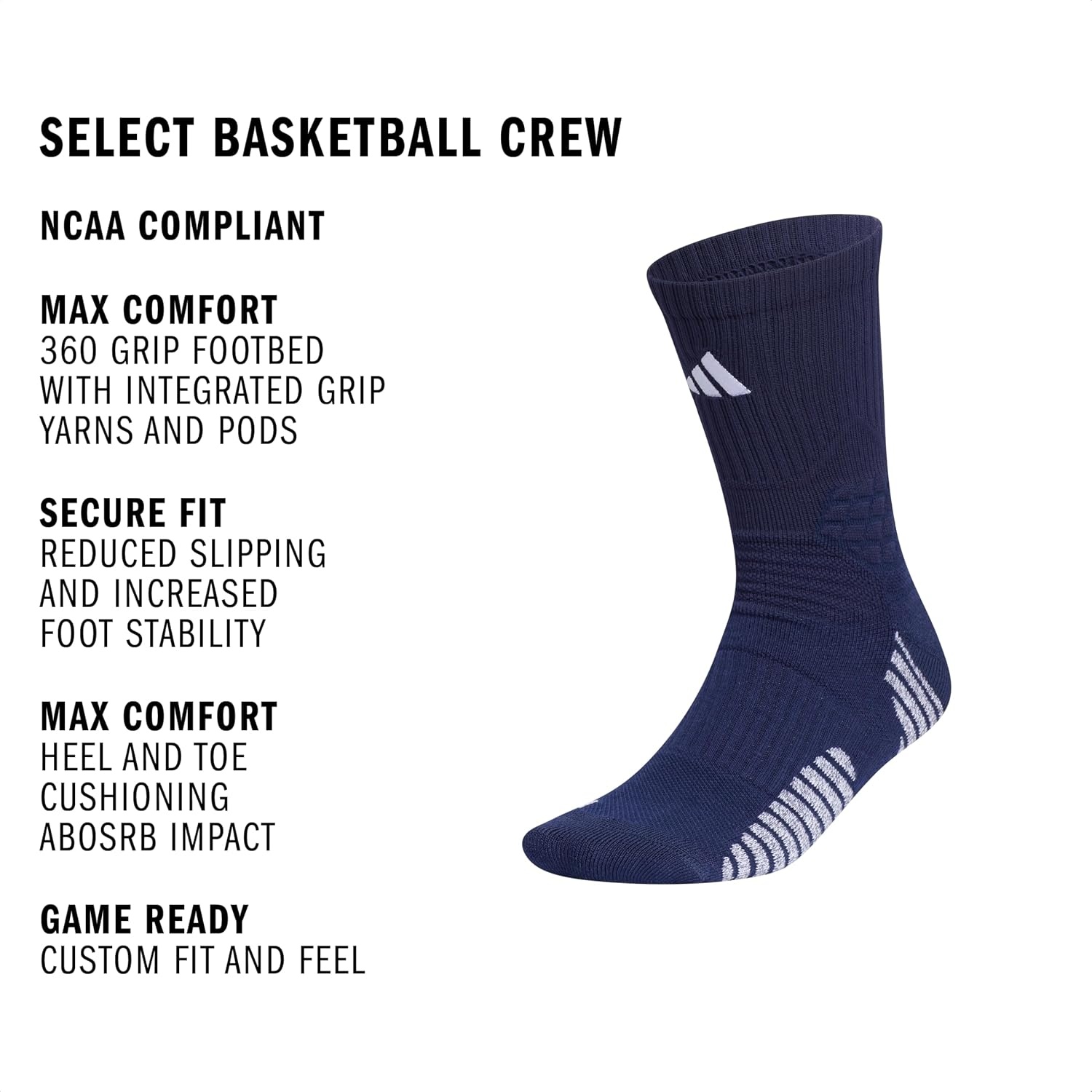 image:imageadidas Select Basketball Socks 1 Pair Unisex 1Pack Cushioned Impact Zones 360Ankle Protection BlisterReducing Build Game amp Practice ReadyTeam Navy BlueWhite1Crew