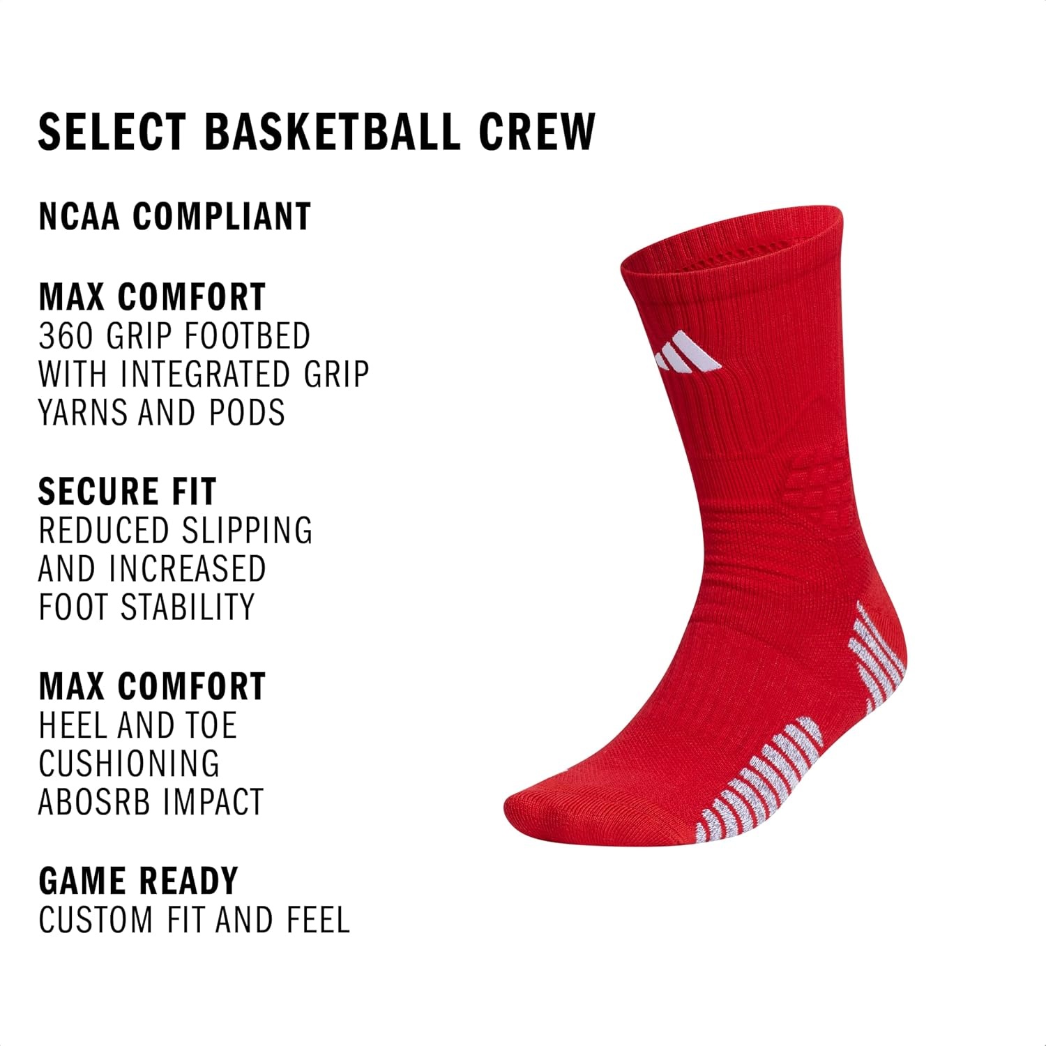 image:imageadidas Select Basketball Socks 1 Pair Unisex 1Pack Cushioned Impact Zones 360Ankle Protection BlisterReducing Build Game amp Practice ReadyTeam Power RedWhite1Crew