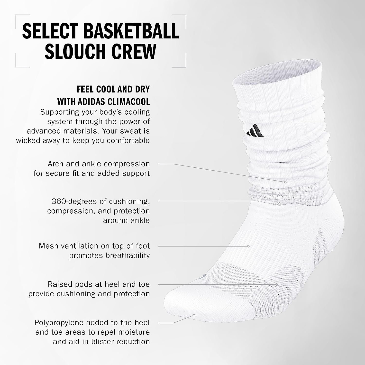 image:imageadidas Select Basketball Socks 1 Pair Unisex 1Pack Cushioned Impact Zones 360Ankle Protection BlisterReducing Build Game amp Practice ReadyWhiteBlackClear Onix Grey1Slouch CrewCrew