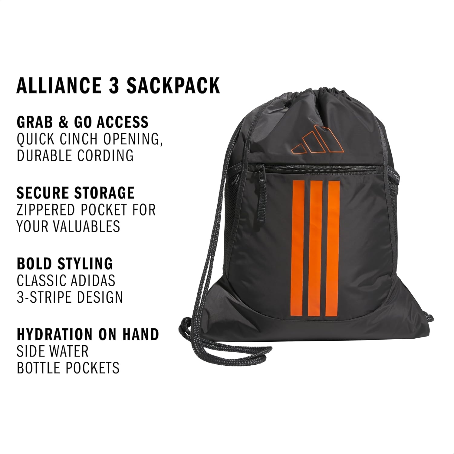 image:imageadidas Alliance Sackpack Drawstring Backpack for Sports Small Gym Bag Black3 OSFAGrey SixPure Orange3