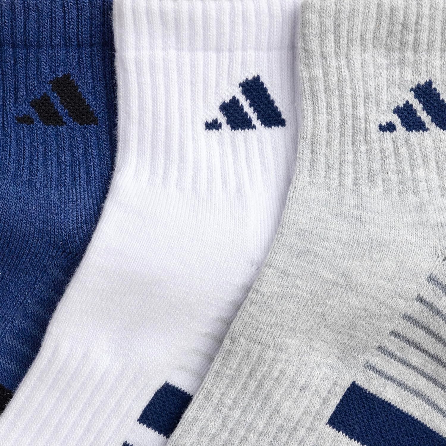 image:imageadidas Cushioned Low Cut Ankle Socks 3Pairs Durable amp Comfortable 3Pack Targeted Cushioning Arch Support Breathable MoistureWicking Reinforced Heel amp Toe AllDay ComfortDark BlueWhiteCool Light Heather40Quarter