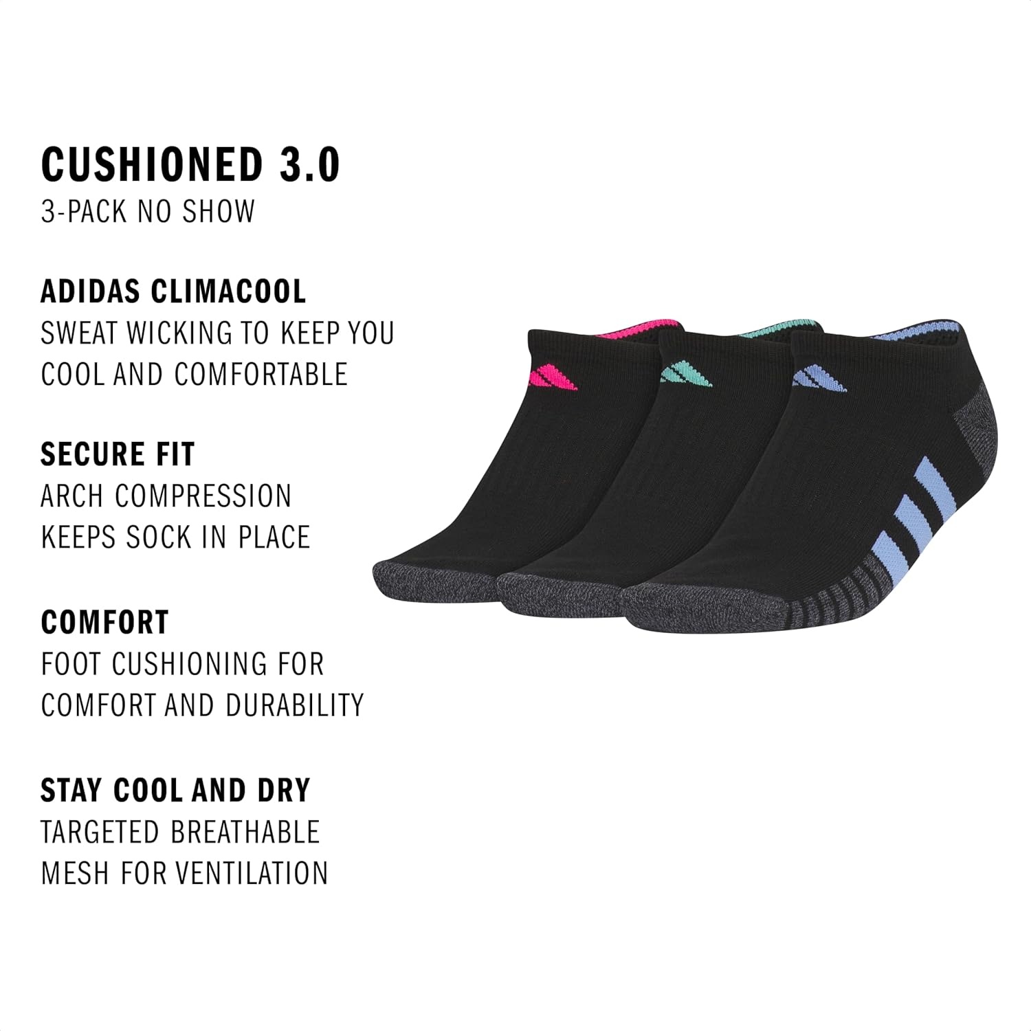 image:imageadidas Cushioned Low Cut Ankle Socks 3Pairs Durable amp Comfortable 3Pack Targeted Cushioning Arch Support Breathable MoistureWicking Reinforced Heel amp Toe AllDay ComfortBlackOnix GreyShock Pink30No Show