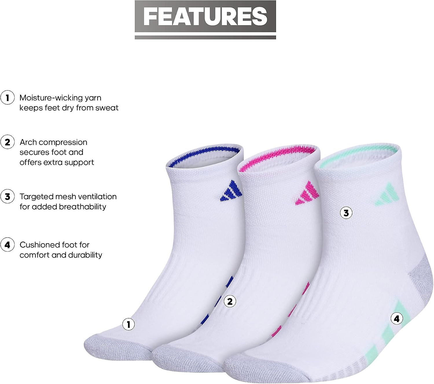 image:imageadidas Cushioned Low Cut Ankle Socks 3Pairs Durable amp Comfortable 3Pack Targeted Cushioning Arch Support Breathable MoistureWicking Reinforced Heel amp Toe AllDay ComfortWhitePulse Mint GreenLucid Fuchsia Pink30Quarter