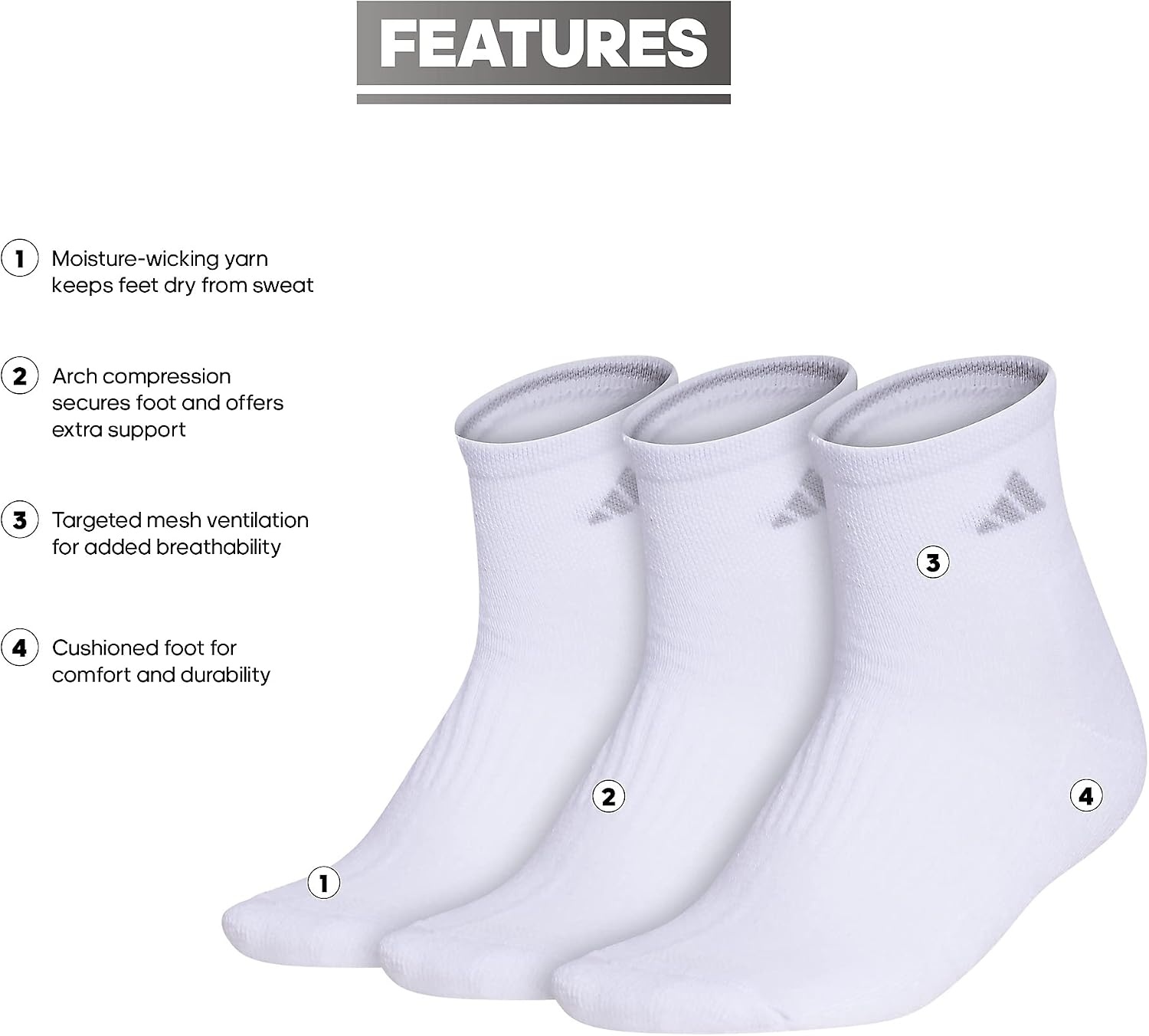 image:imageadidas Cushioned Low Cut Ankle Socks 3Pairs Durable amp Comfortable 3Pack Targeted Cushioning Arch Support Breathable MoistureWicking Reinforced Heel amp Toe AllDay ComfortWhiteClear Onix Grey30Quarter