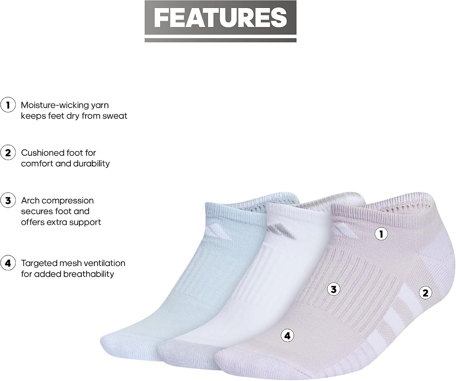 image:imageadidas Cushioned Low Cut Ankle Socks 3Pairs Durable amp Comfortable 3Pack Targeted Cushioning Arch Support Breathable MoistureWicking Reinforced Heel amp Toe AllDay ComfortSilver Dawn GreyWhiteWonder Blue30No Show