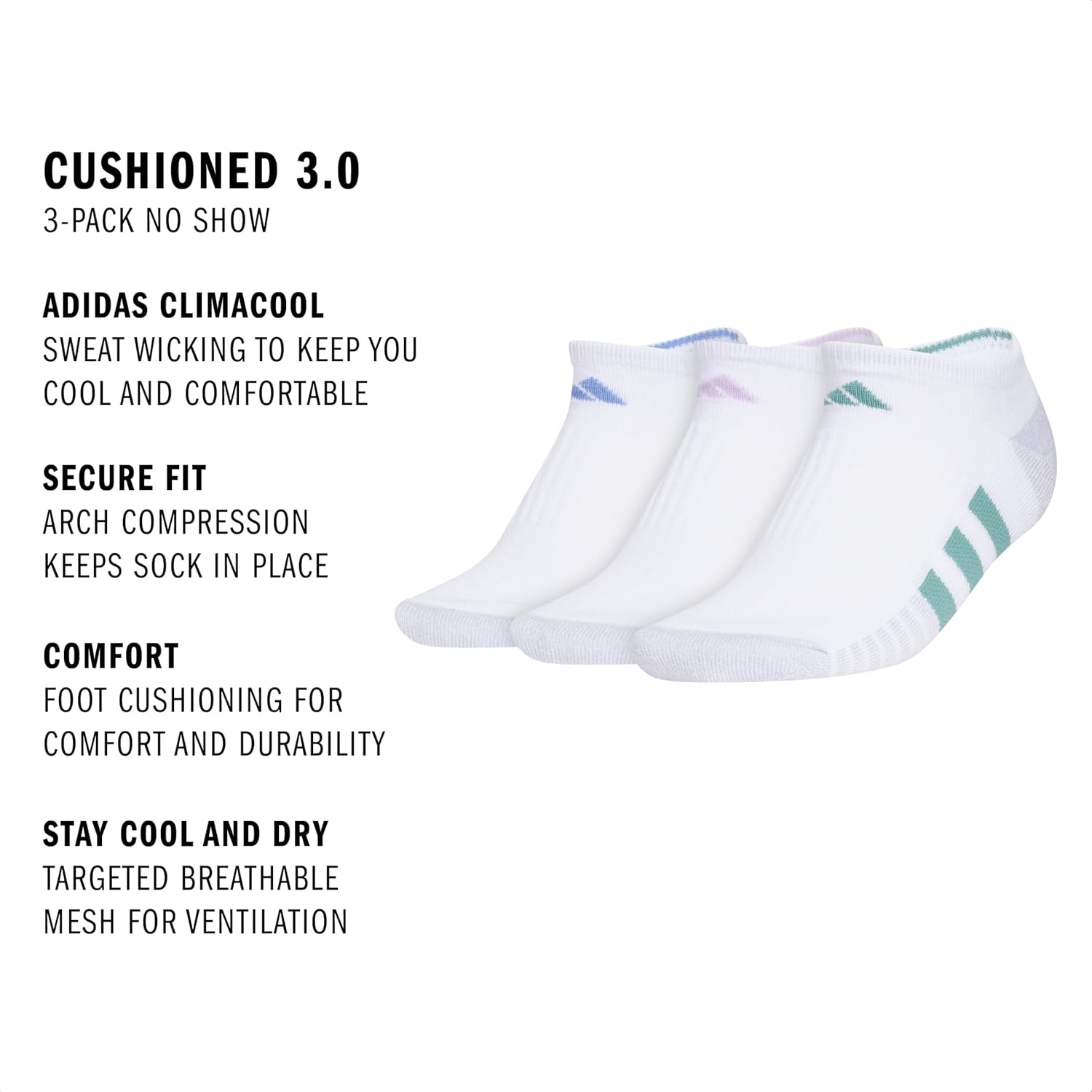 image:imageadidas Cushioned Low Cut Ankle Socks 3Pairs Durable amp Comfortable 3Pack Targeted Cushioning Arch Support Breathable MoistureWicking Reinforced Heel amp Toe AllDay ComfortWhiteBlue FusionPowder Teal Green30No Show