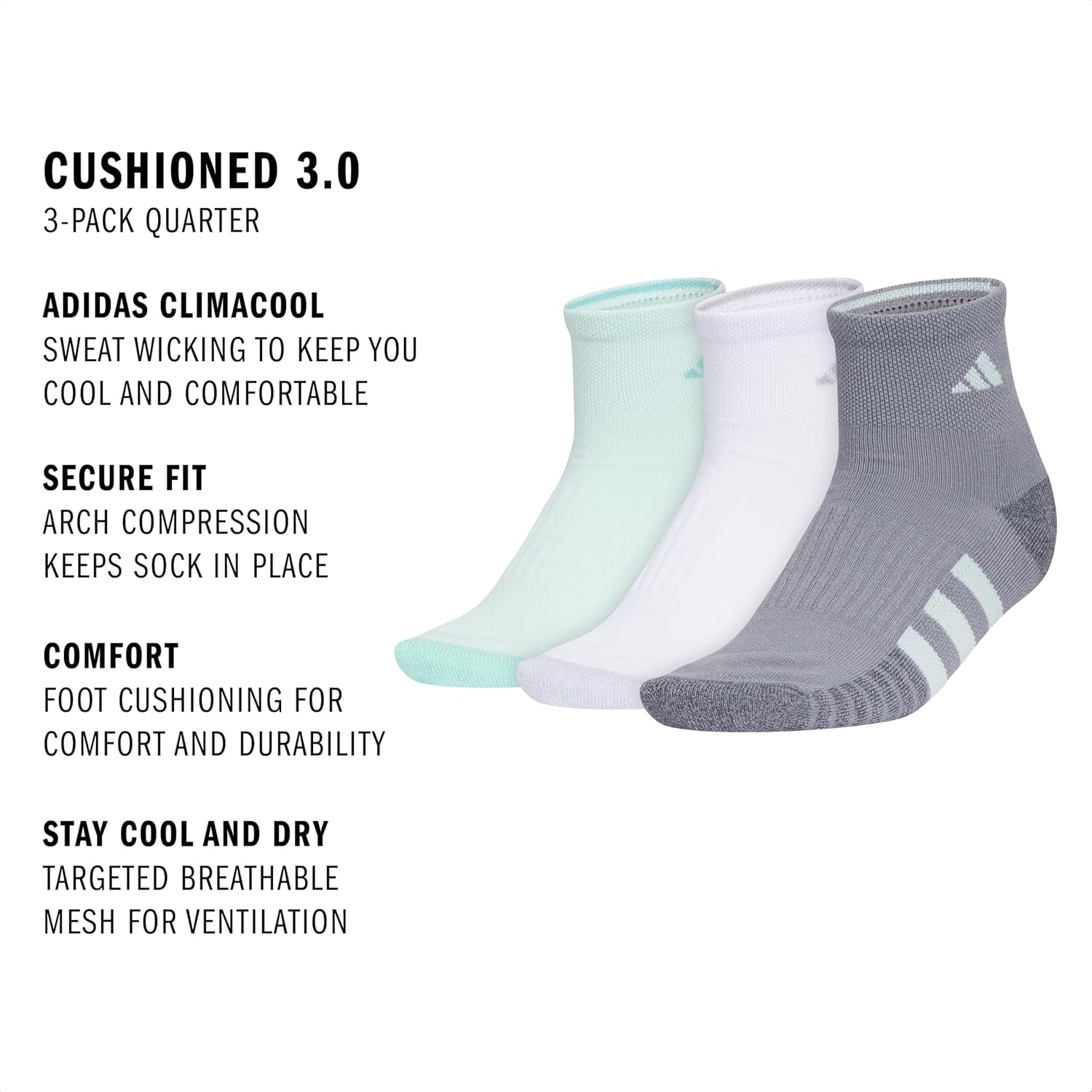 image:imageadidas Cushioned Low Cut Ankle Socks 3Pairs Durable amp Comfortable 3Pack Targeted Cushioning Arch Support Breathable MoistureWicking Reinforced Heel amp Toe AllDay ComfortHalo Mint GreenWhiteGrey30Quarter