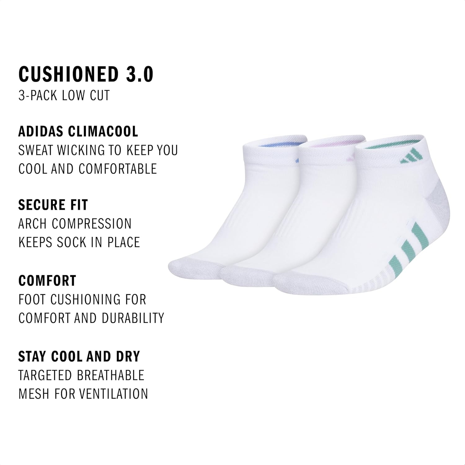 image:imageadidas Cushioned Low Cut Ankle Socks 3Pairs Durable amp Comfortable 3Pack Targeted Cushioning Arch Support Breathable MoistureWicking Reinforced Heel amp Toe AllDay ComfortWhiteBlue FusionPowder Teal Green30Low Cut