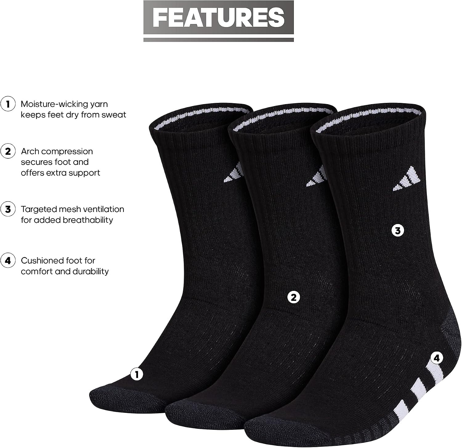 image:imageadidas Cushioned Low Cut Ankle Socks 3Pairs Durable amp Comfortable 3Pack Targeted Cushioning Arch Support Breathable MoistureWicking Reinforced Heel amp Toe AllDay ComfortBlackNight GreyWhite30Crew