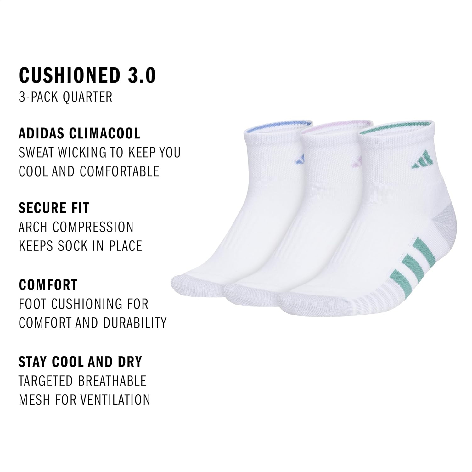 image:imageadidas Cushioned Low Cut Ankle Socks 3Pairs Durable amp Comfortable 3Pack Targeted Cushioning Arch Support Breathable MoistureWicking Reinforced Heel amp Toe AllDay ComfortWhiteBlue FusionPowder Teal Green30Quarter
