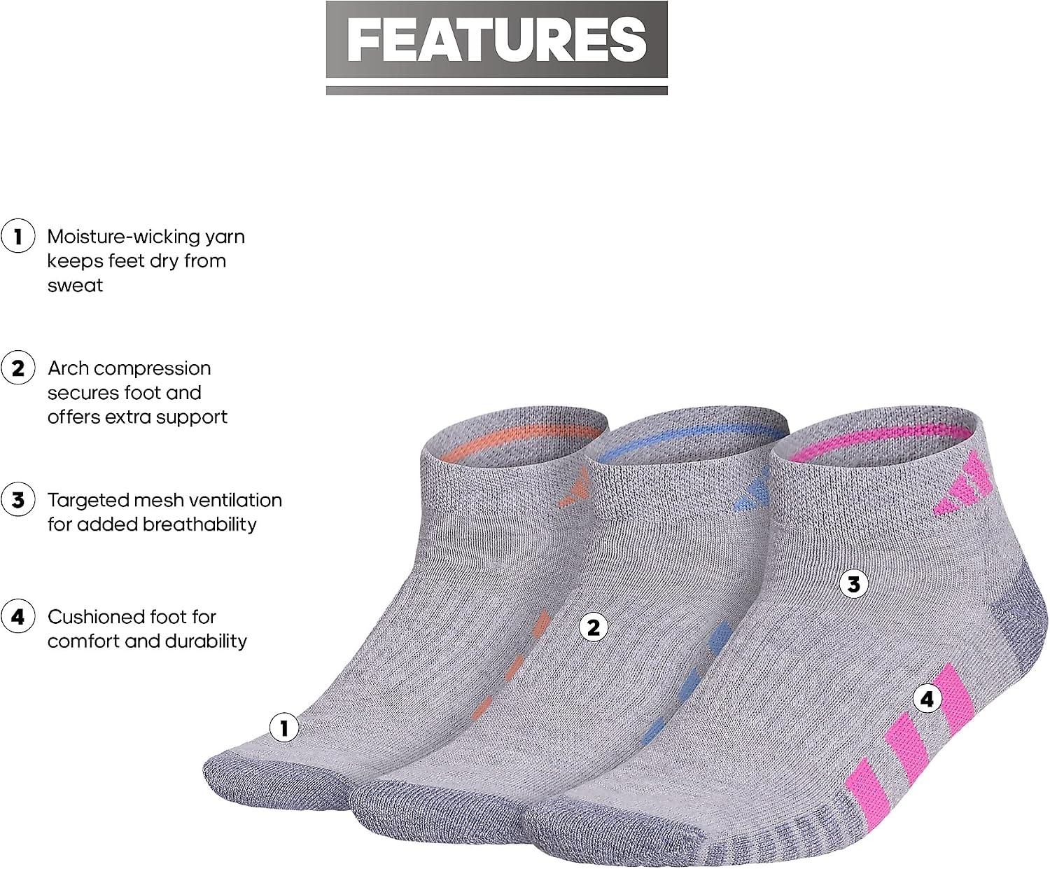 image:imageadidas Cushioned Low Cut Ankle Socks 3Pairs Durable amp Comfortable 3Pack Targeted Cushioning Arch Support Breathable MoistureWicking Reinforced Heel amp Toe AllDay ComfortCool Light HeatherLucid Fuchsia PinkBlue Fusion30Low Cut