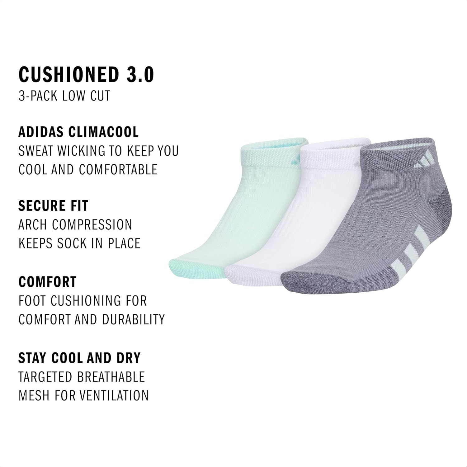 image:imageadidas Cushioned Low Cut Ankle Socks 3Pairs Durable amp Comfortable 3Pack Targeted Cushioning Arch Support Breathable MoistureWicking Reinforced Heel amp Toe AllDay ComfortHalo Mint GreenWhiteGrey30Low Cut