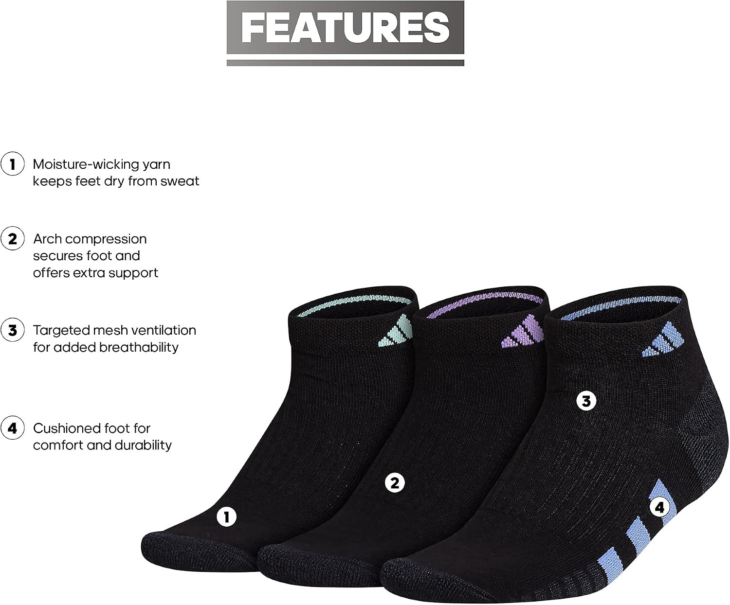 image:imageadidas Cushioned Low Cut Ankle Socks 3Pairs Durable amp Comfortable 3Pack Targeted Cushioning Arch Support Breathable MoistureWicking Reinforced Heel amp Toe AllDay ComfortBlackBlue FusionViolet Fusion Purple30Low Cut