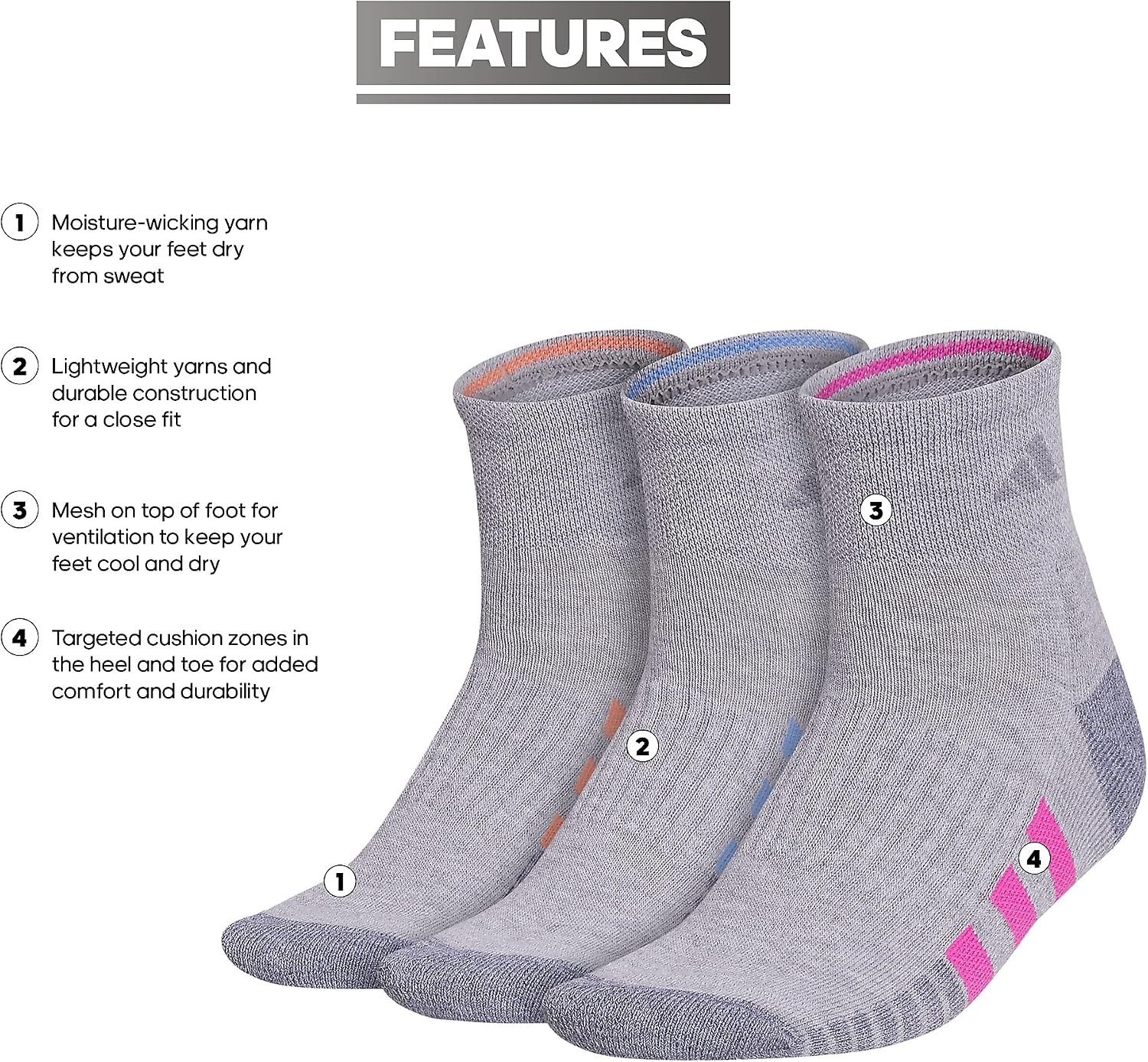 image:imageadidas Cushioned Low Cut Ankle Socks 3Pairs Durable amp Comfortable 3Pack Targeted Cushioning Arch Support Breathable MoistureWicking Reinforced Heel amp Toe AllDay ComfortCool Light HeatherLucid Fuchsia PinkBlue Fusion30Quarter