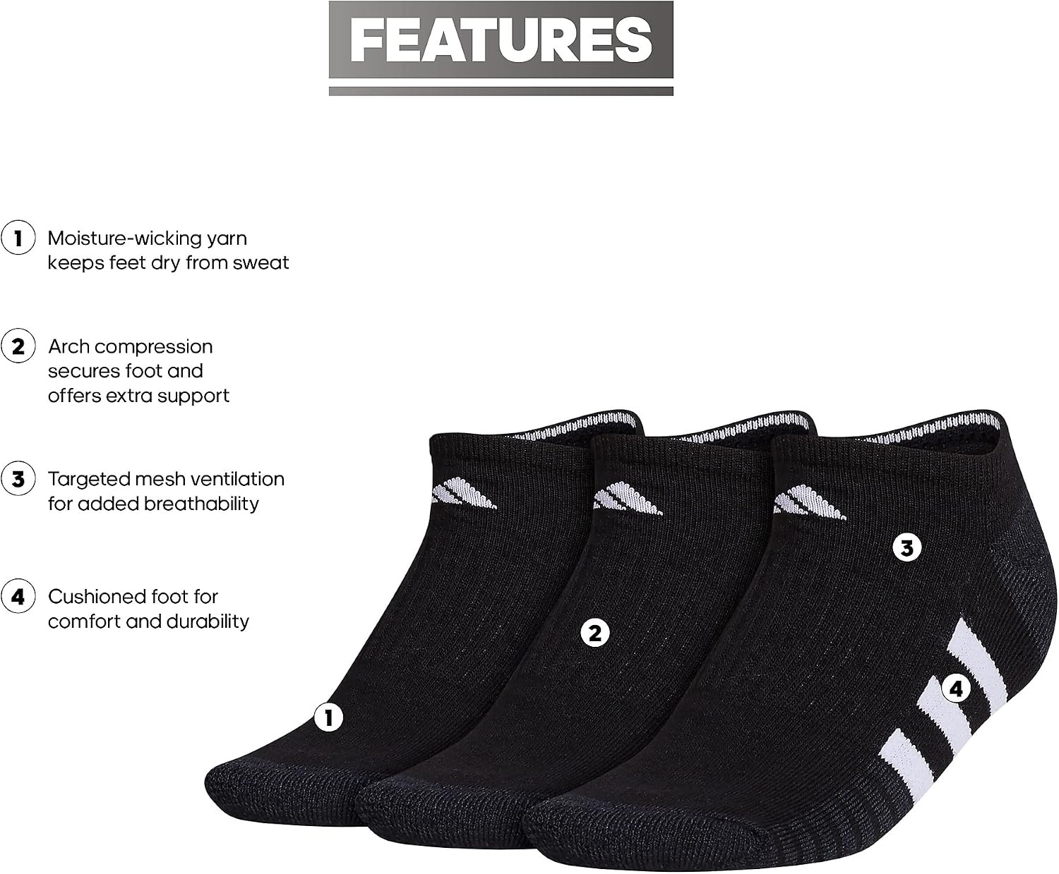image:imageadidas Cushioned Low Cut Ankle Socks 3Pairs Durable amp Comfortable 3Pack Targeted Cushioning Arch Support Breathable MoistureWicking Reinforced Heel amp Toe AllDay ComfortBlackNight GreyWhite30No Show