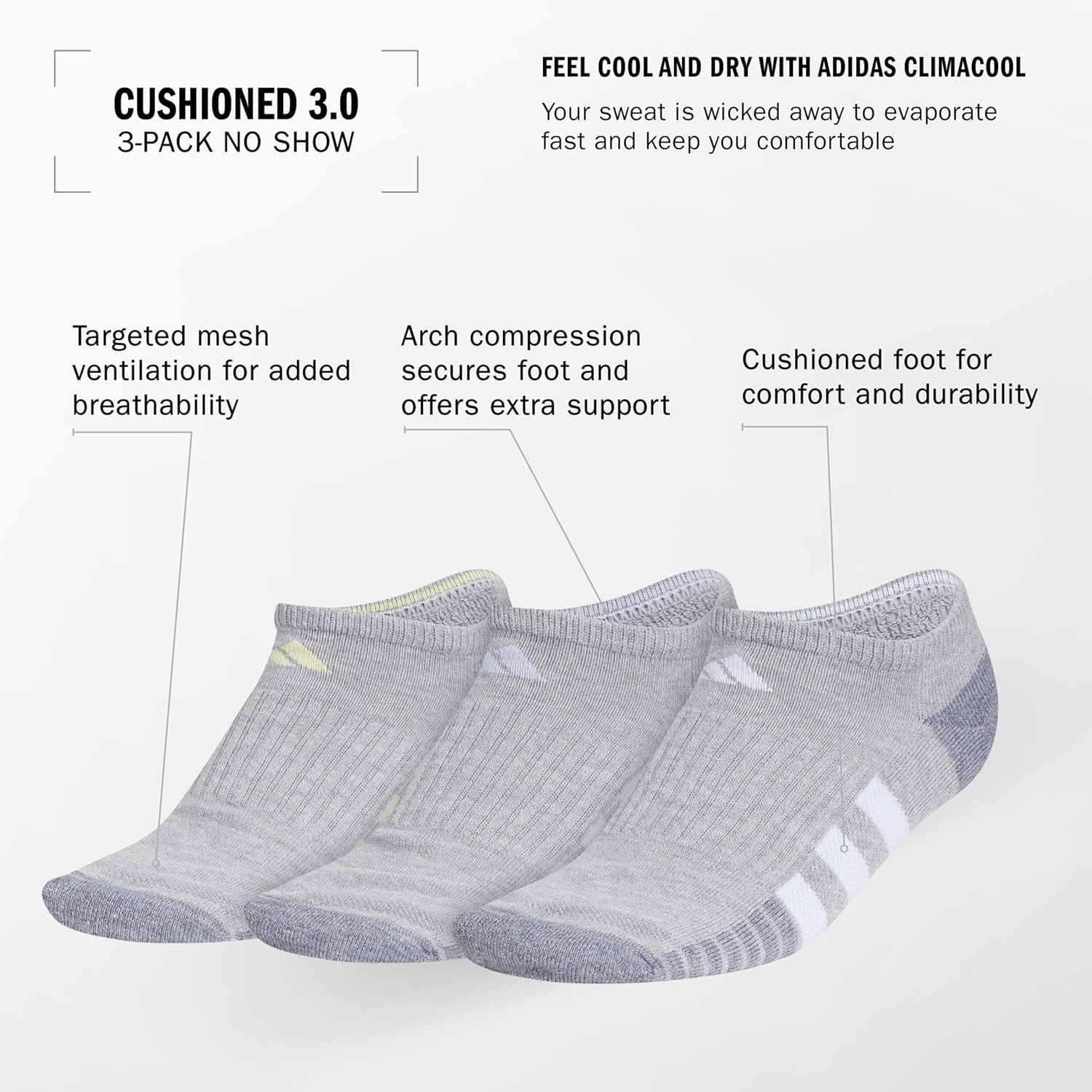 image:imageadidas Cushioned Low Cut Ankle Socks 3Pairs Durable amp Comfortable 3Pack Targeted Cushioning Arch Support Breathable MoistureWicking Reinforced Heel amp Toe AllDay ComfortCool Light HeatherPowder YellowViolet Tone Purple30No Show
