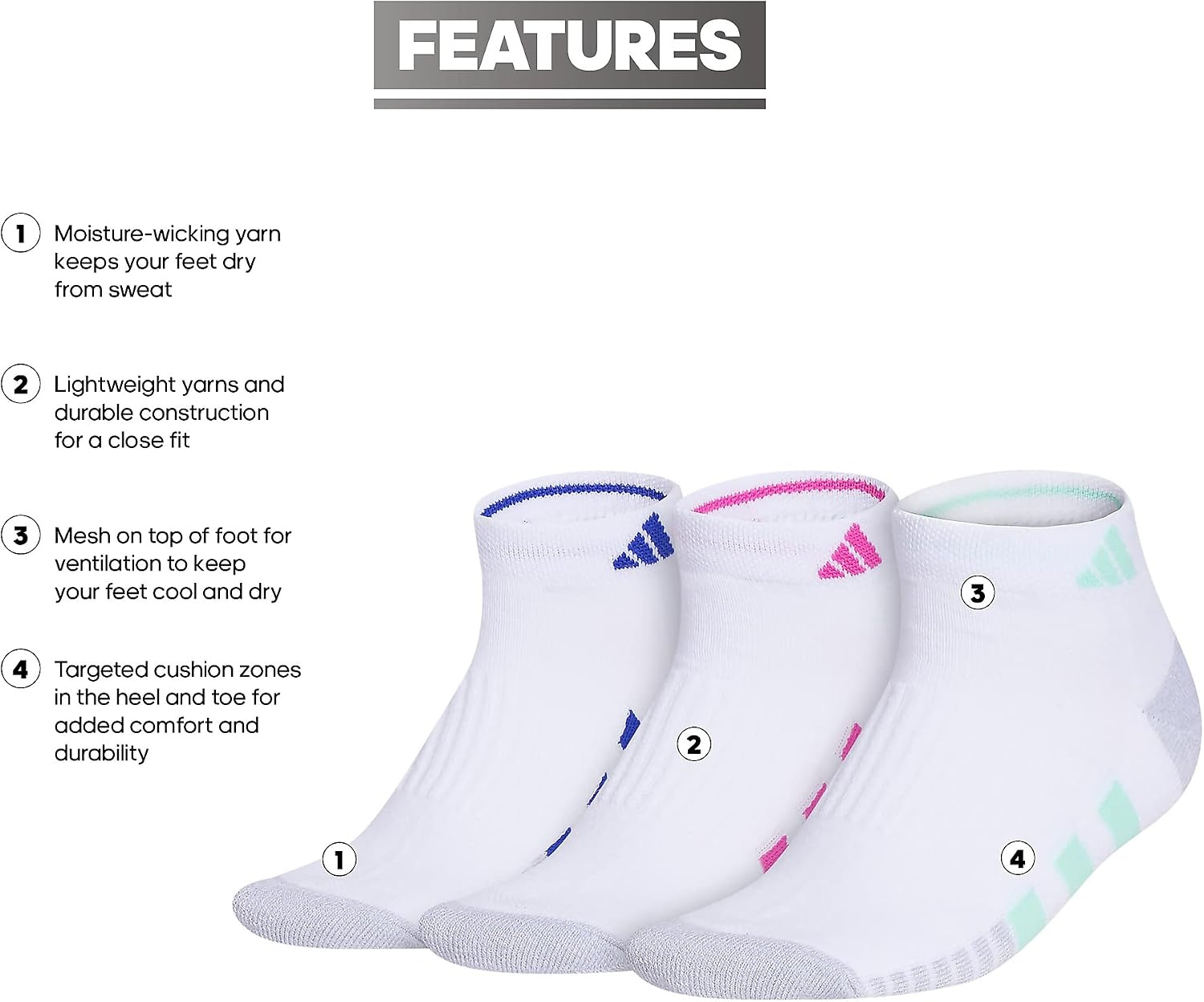 image:imageadidas Cushioned Low Cut Ankle Socks 3Pairs Durable amp Comfortable 3Pack Targeted Cushioning Arch Support Breathable MoistureWicking Reinforced Heel amp Toe AllDay ComfortWhitePulse Mint GreenLucid Fuchsia Pink30Low Cut