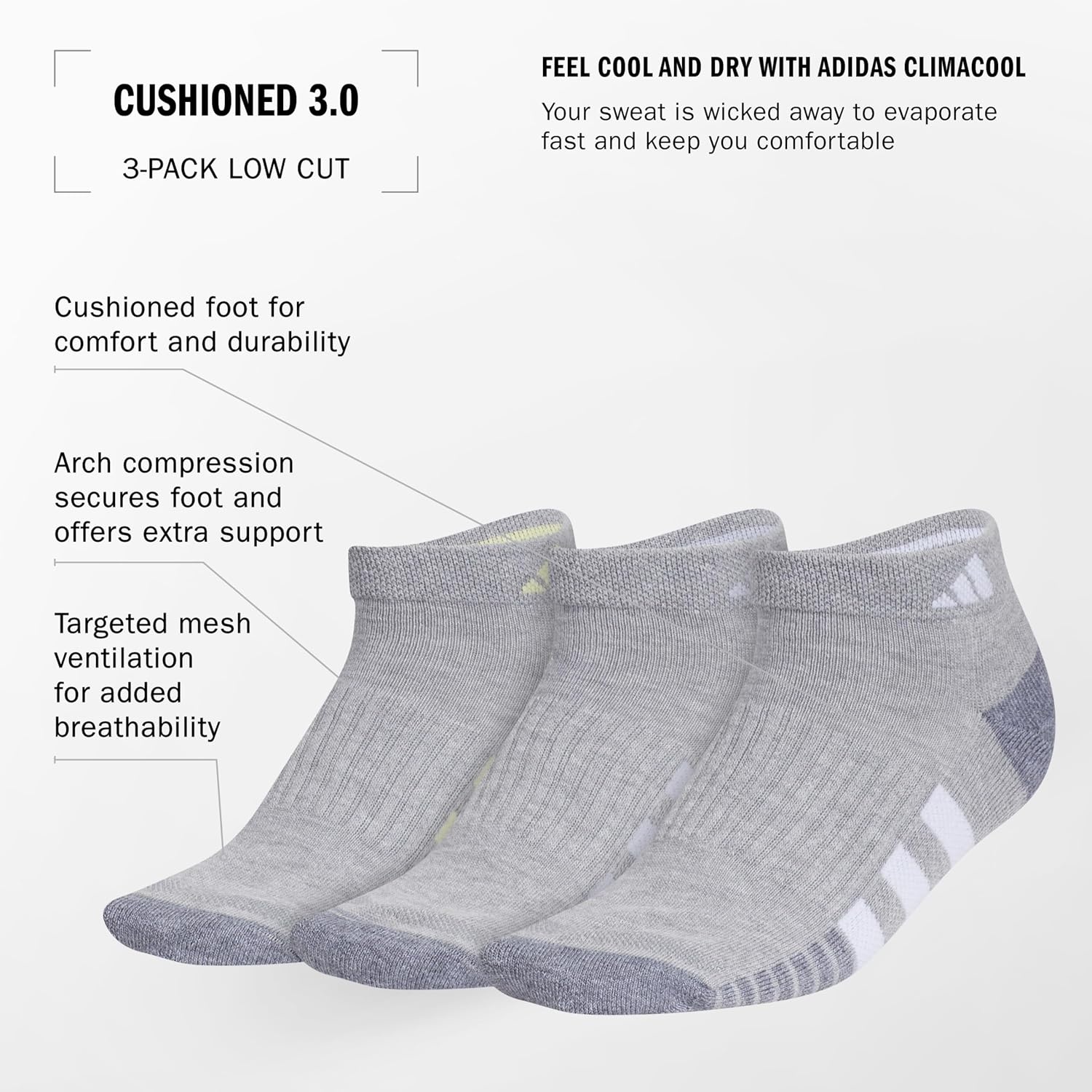 image:imageadidas Cushioned Low Cut Ankle Socks 3Pairs Durable amp Comfortable 3Pack Targeted Cushioning Arch Support Breathable MoistureWicking Reinforced Heel amp Toe AllDay ComfortCool Light HeatherPowder YellowViolet Tone Purple30Low Cut