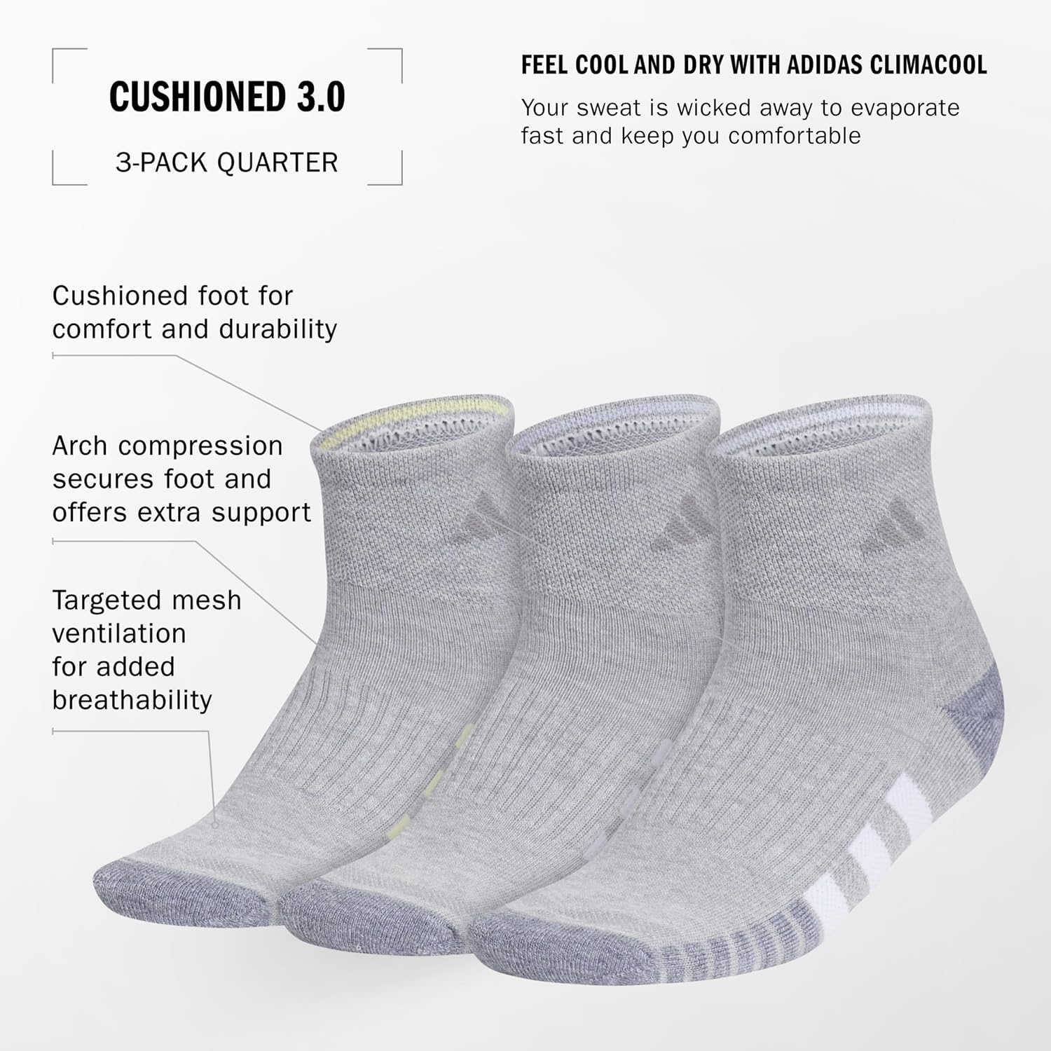 image:imageadidas Cushioned Low Cut Ankle Socks 3Pairs Durable amp Comfortable 3Pack Targeted Cushioning Arch Support Breathable MoistureWicking Reinforced Heel amp Toe AllDay ComfortCool Light HeatherPowder YellowViolet Tone Purple30Quarter