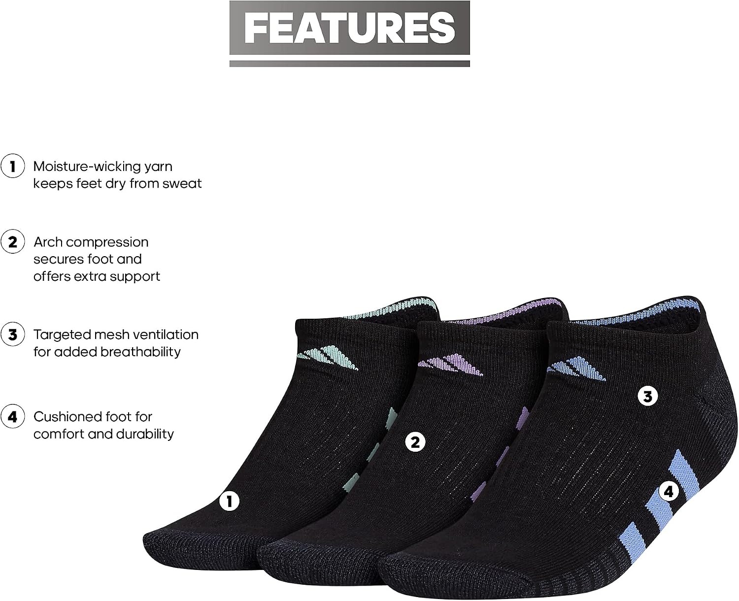 image:imageadidas Cushioned Low Cut Ankle Socks 3Pairs Durable amp Comfortable 3Pack Targeted Cushioning Arch Support Breathable MoistureWicking Reinforced Heel amp Toe AllDay ComfortBlackBlue FusionViolet Fusion Purple30No Show