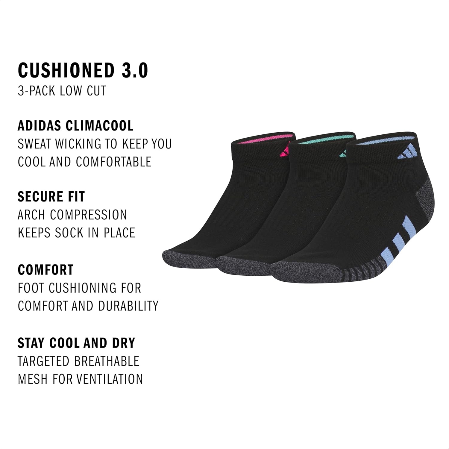 image:imageadidas Cushioned Low Cut Ankle Socks 3Pairs Durable amp Comfortable 3Pack Targeted Cushioning Arch Support Breathable MoistureWicking Reinforced Heel amp Toe AllDay ComfortBlackOnix GreyShock Pink30Low Cut