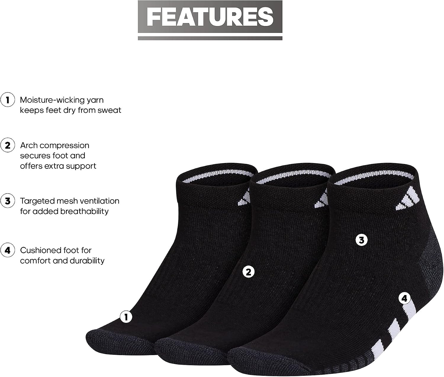 image:imageadidas Cushioned Low Cut Ankle Socks 3Pairs Durable amp Comfortable 3Pack Targeted Cushioning Arch Support Breathable MoistureWicking Reinforced Heel amp Toe AllDay ComfortBlackNight GreyWhite30Low Cut