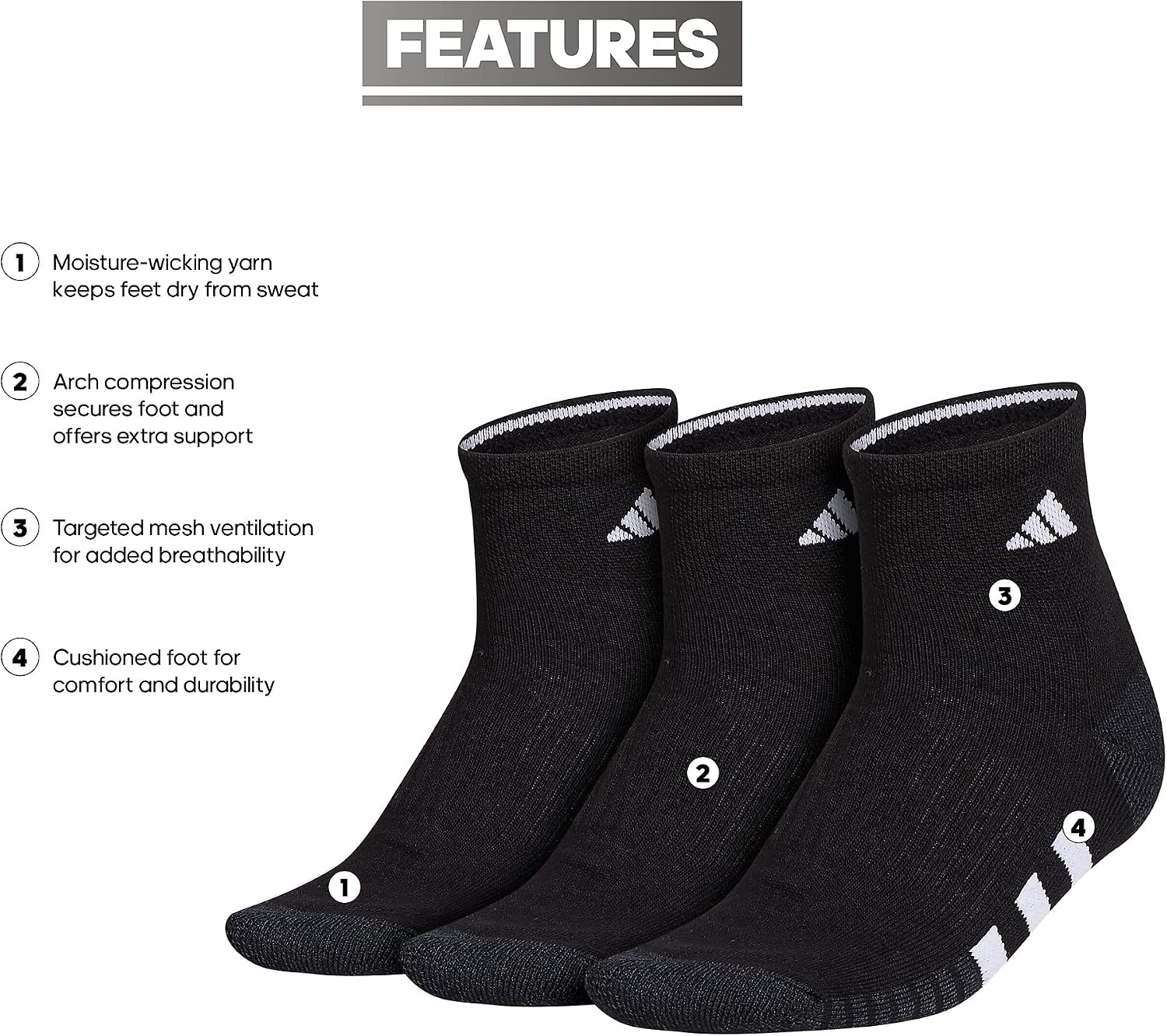 image:imageadidas Cushioned Low Cut Ankle Socks 3Pairs Durable amp Comfortable 3Pack Targeted Cushioning Arch Support Breathable MoistureWicking Reinforced Heel amp Toe AllDay ComfortBlackNight GreyWhite30Quarter