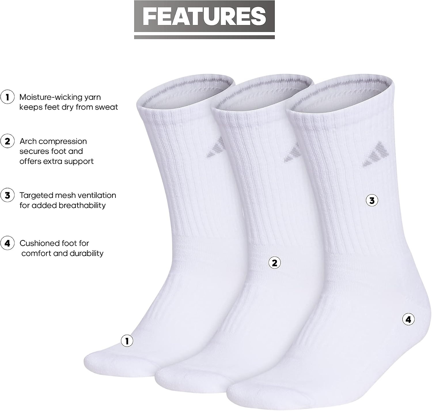 image:imageadidas Cushioned Low Cut Ankle Socks 3Pairs Durable amp Comfortable 3Pack Targeted Cushioning Arch Support Breathable MoistureWicking Reinforced Heel amp Toe AllDay ComfortWhiteClear Onix Grey30Crew