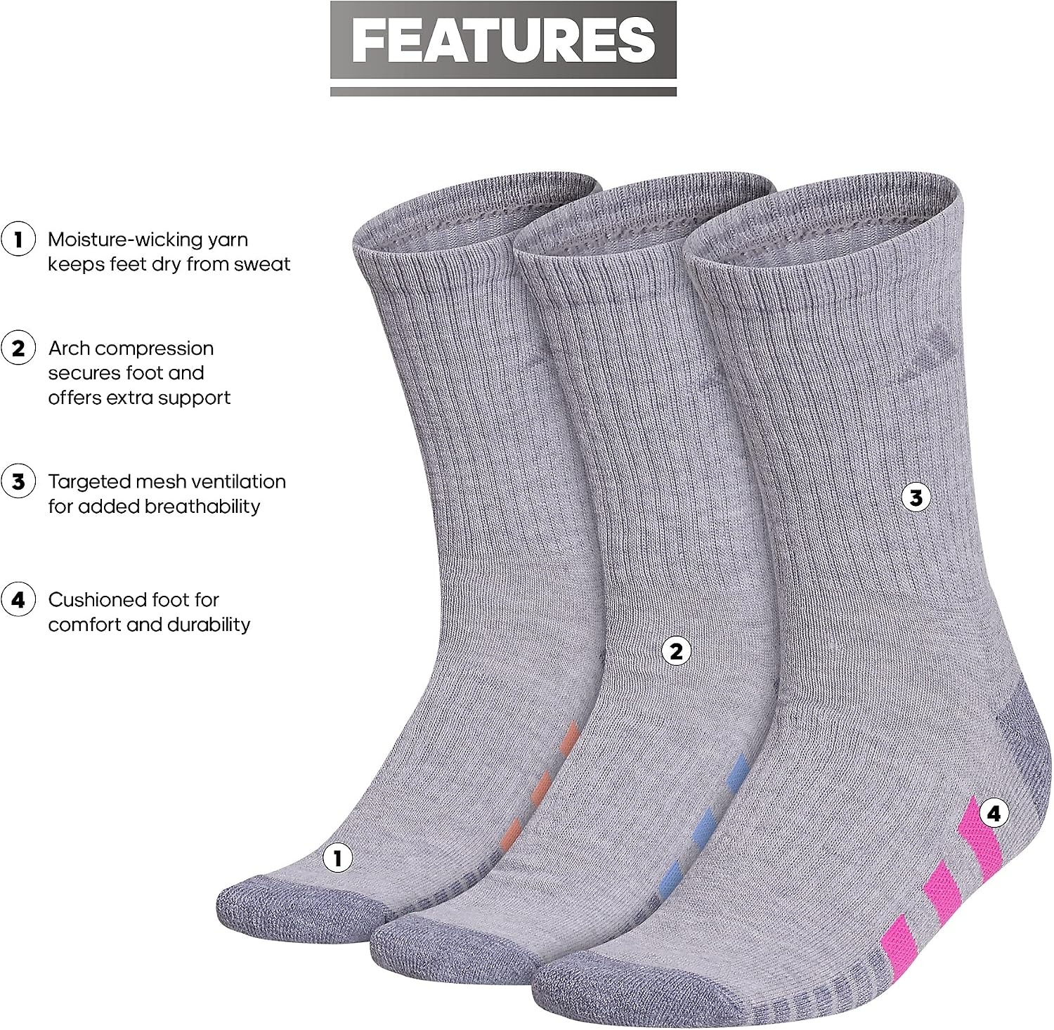image:imageadidas Cushioned Low Cut Ankle Socks 3Pairs Durable amp Comfortable 3Pack Targeted Cushioning Arch Support Breathable MoistureWicking Reinforced Heel amp Toe AllDay ComfortCool Light HeatherLucid Fuchsia PinkBlue Fusion30Crew