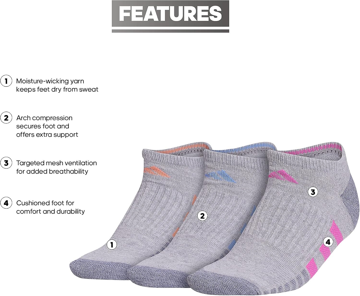 image:imageadidas Cushioned Low Cut Ankle Socks 3Pairs Durable amp Comfortable 3Pack Targeted Cushioning Arch Support Breathable MoistureWicking Reinforced Heel amp Toe AllDay ComfortCool Light HeatherLucid Fuchsia PinkBlue Fusion30No Show
