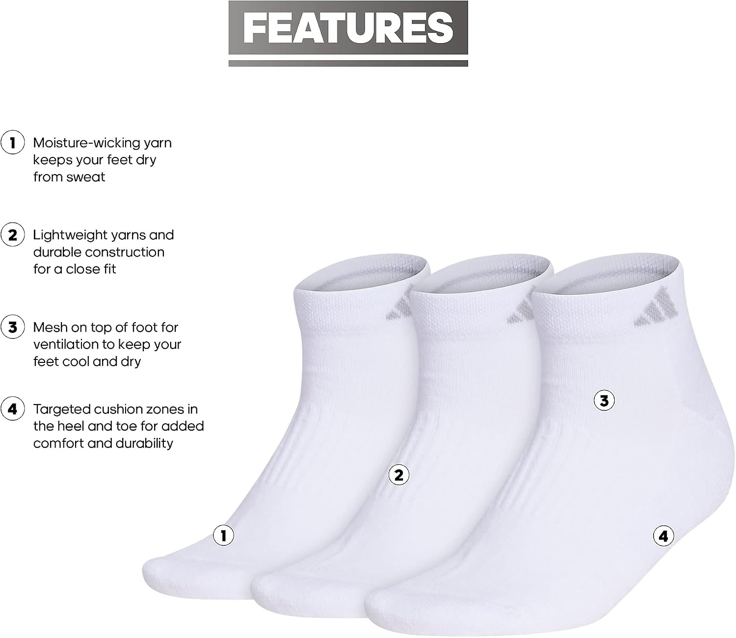 image:imageadidas Cushioned Low Cut Ankle Socks 3Pairs Durable amp Comfortable 3Pack Targeted Cushioning Arch Support Breathable MoistureWicking Reinforced Heel amp Toe AllDay ComfortWhiteClear Onix Grey30Low Cut
