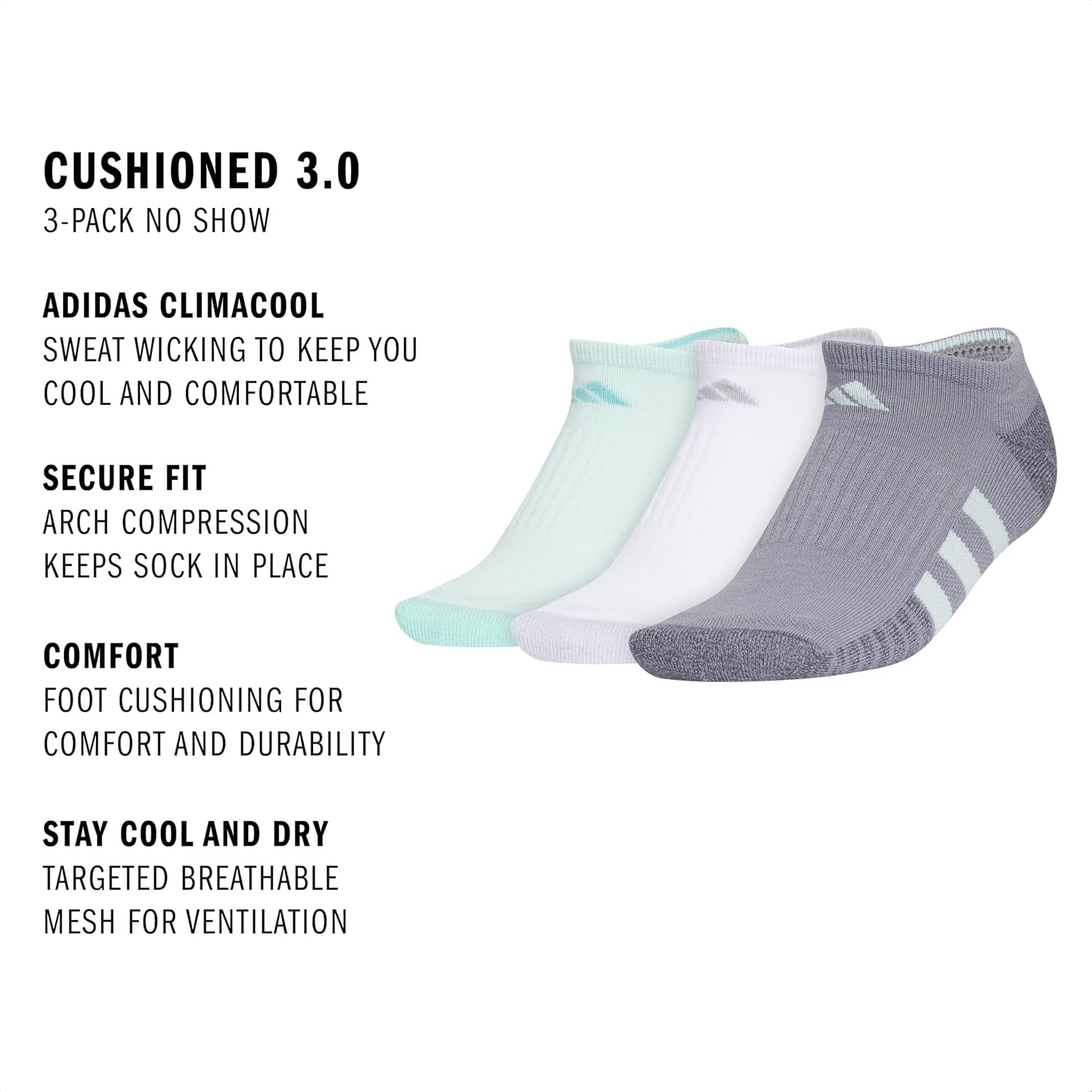 image:imageadidas Cushioned Low Cut Ankle Socks 3Pairs Durable amp Comfortable 3Pack Targeted Cushioning Arch Support Breathable MoistureWicking Reinforced Heel amp Toe AllDay ComfortHalo Mint GreenWhiteGrey30No Show