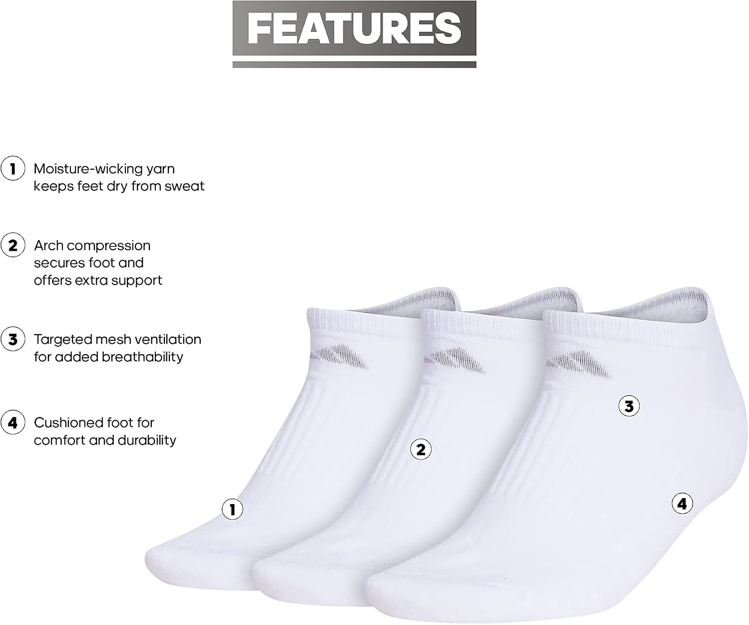 image:imageadidas Cushioned Low Cut Ankle Socks 3Pairs Durable amp Comfortable 3Pack Targeted Cushioning Arch Support Breathable MoistureWicking Reinforced Heel amp Toe AllDay ComfortWhiteClear Onix Grey30No Show