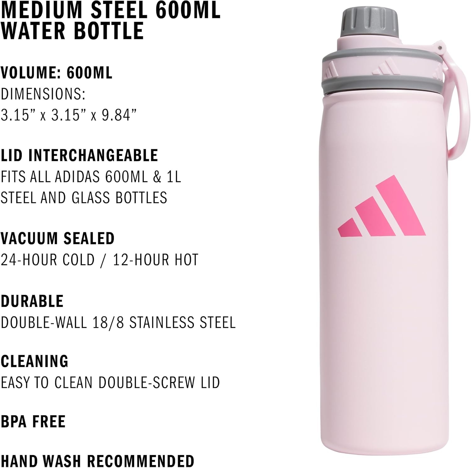 image:imageadidas Metal Water Bottle 600 mL DoubleWall Insulated LeakResistant Lid BPAFree Durable Workouts amp Daily UseClear PinkGreyPink FusionM