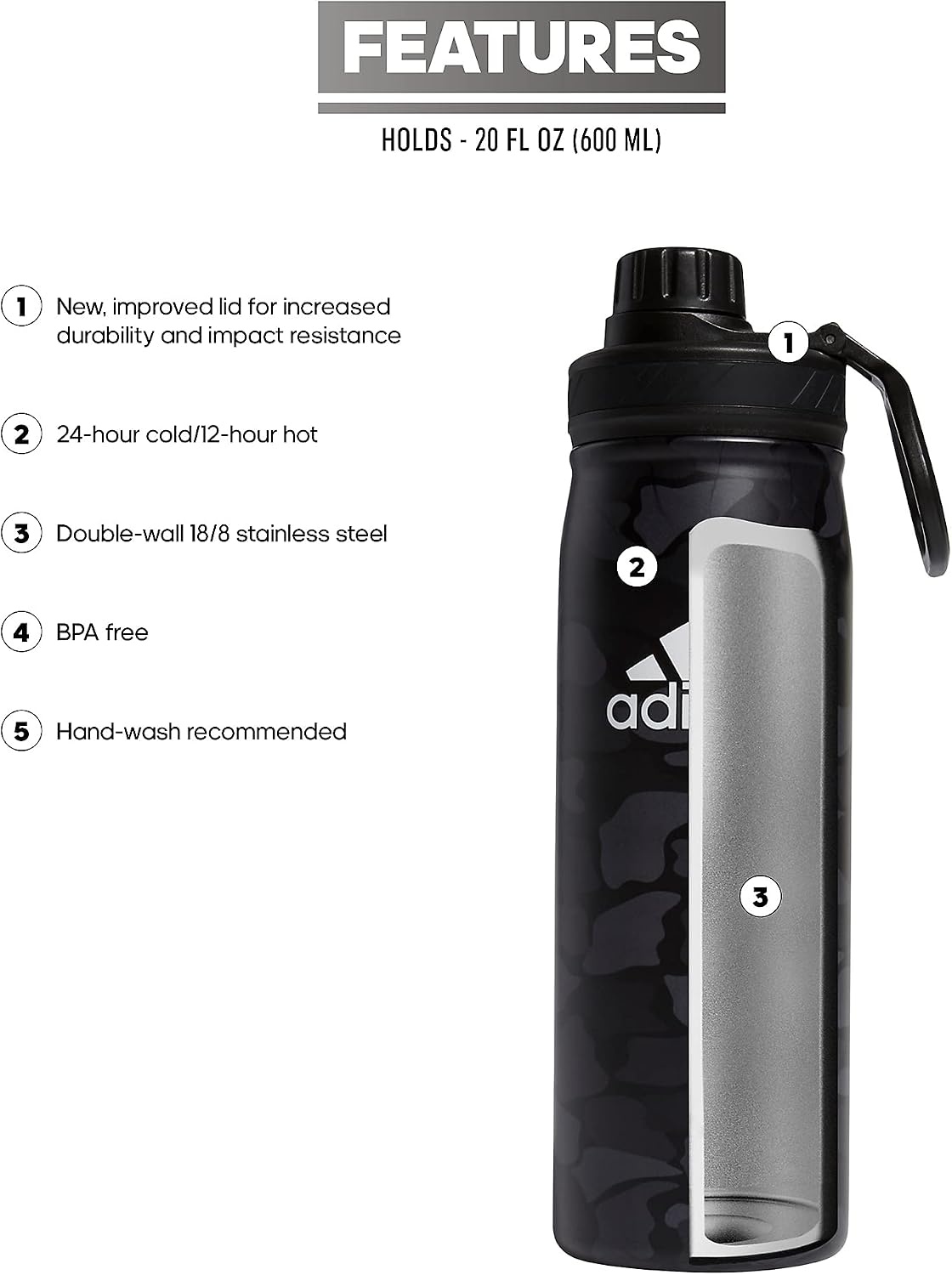image:imageadidas Metal Water Bottle 600 mL DoubleWall Insulated LeakResistant Lid BPAFree Durable Workouts amp Daily UseNomad Camo GreycarbonWhiteBlack