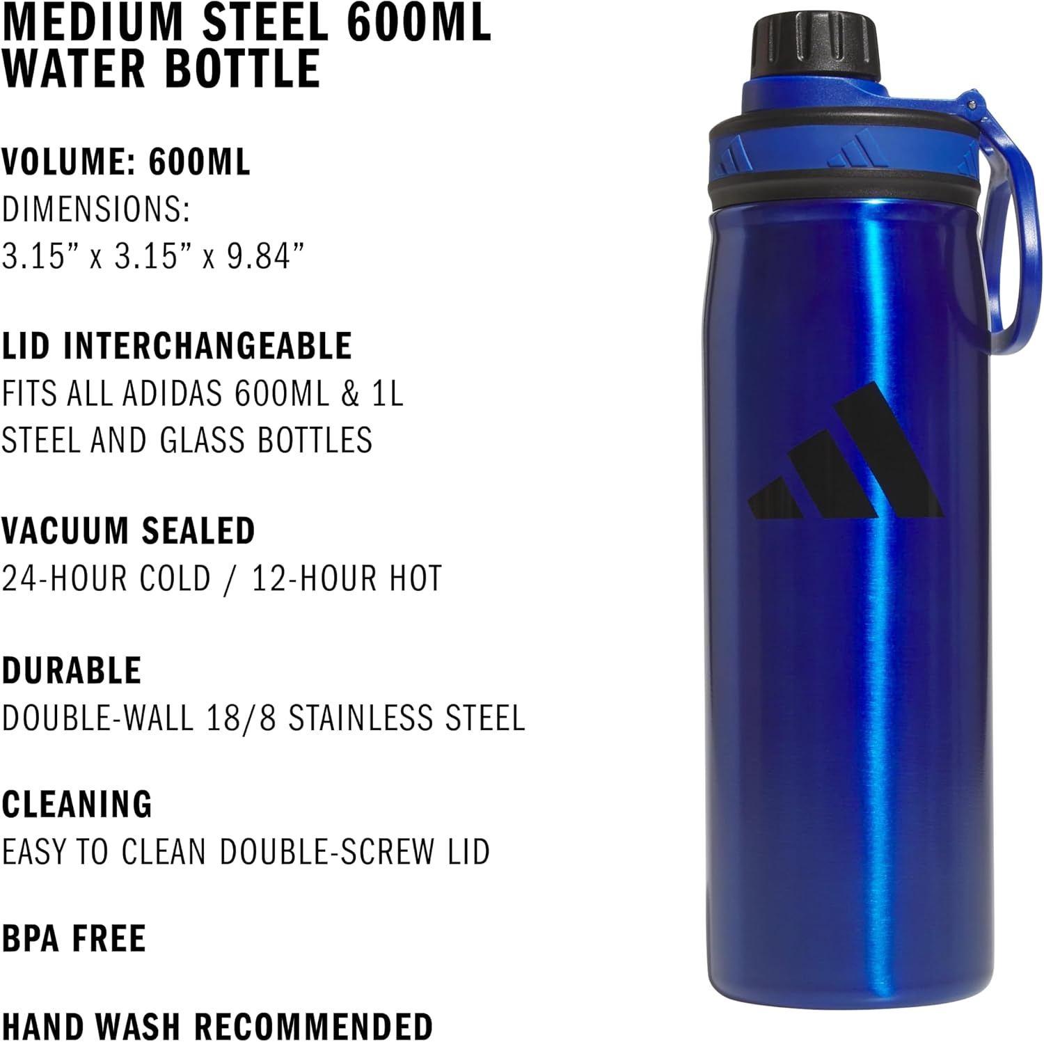 image:imageadidas Metal Water Bottle 600 mL DoubleWall Insulated LeakResistant Lid BPAFree Durable Workouts amp Daily UseTeam Royal BlueBlackM