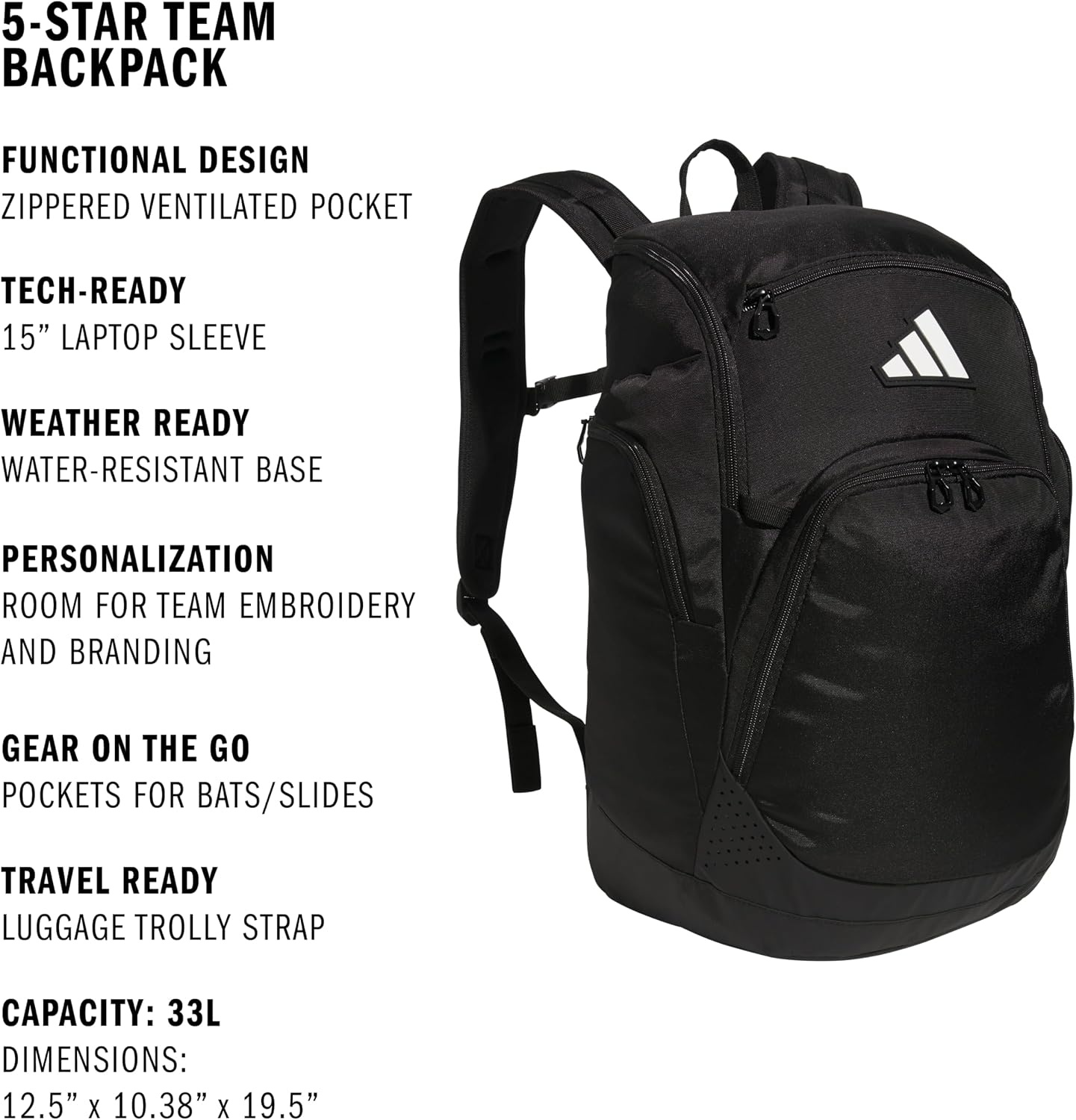 image:imageadidas 5Star Team 2 Backpack MultiSport Padded Laptop Sleeve Organizer Pockets WaterBottle Pockets Durable Build School Gym amp Travel ReadyBlack