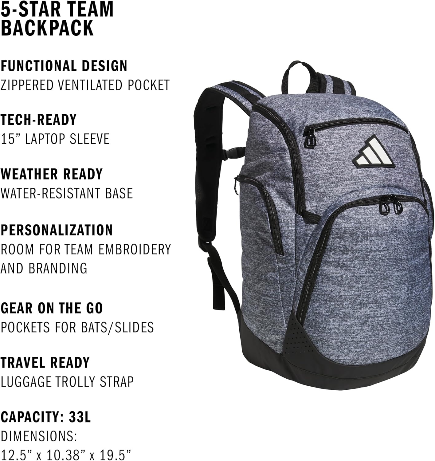 image:imageadidas 5Star Team 2 Backpack MultiSport Padded Laptop Sleeve Organizer Pockets WaterBottle Pockets Durable Build School Gym amp Travel ReadyJersey Onix Grey