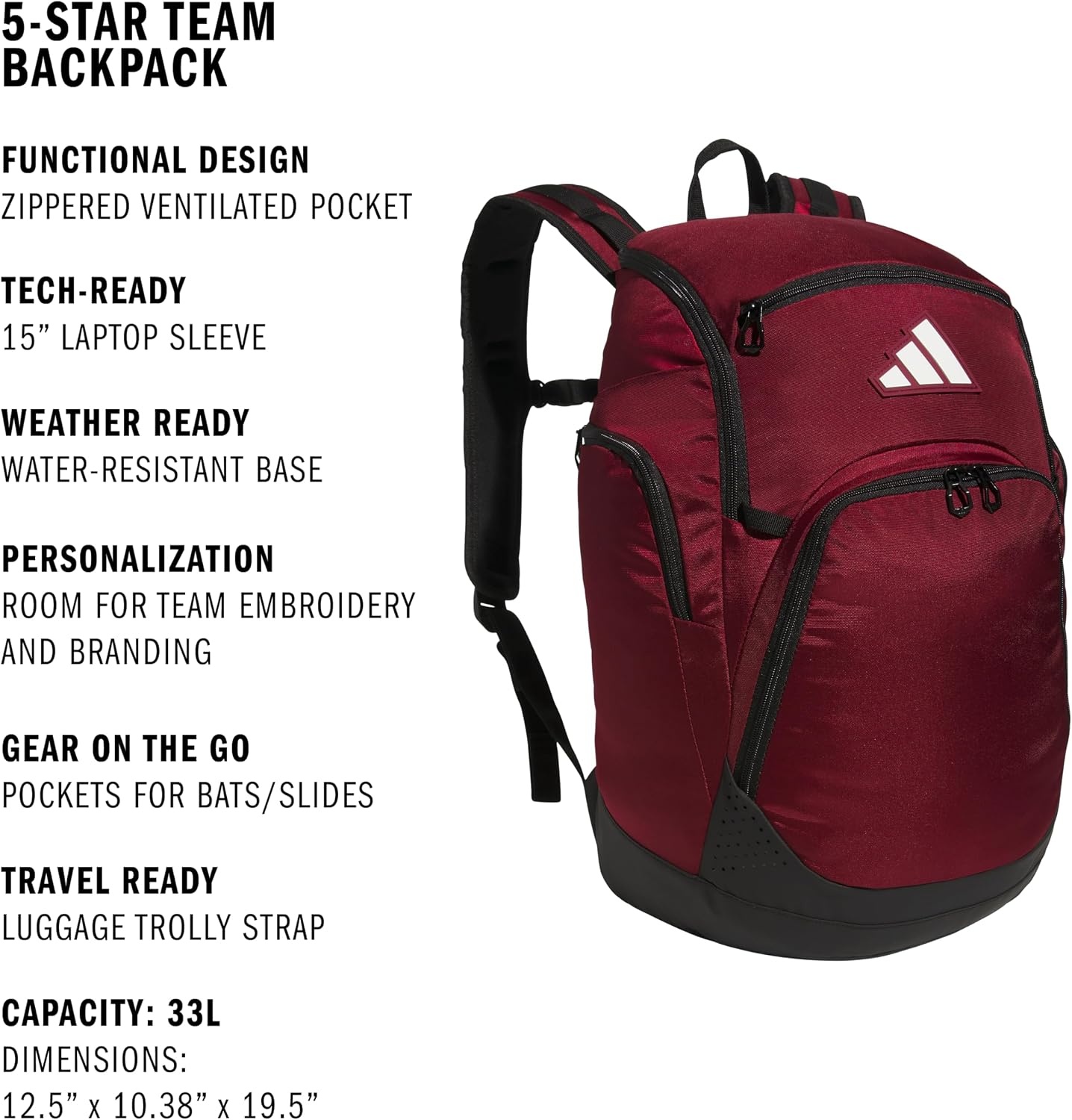 image:imageadidas 5Star Team 2 Backpack MultiSport Padded Laptop Sleeve Organizer Pockets WaterBottle Pockets Durable Build School Gym amp Travel ReadyTeam Collegiate Burgundy