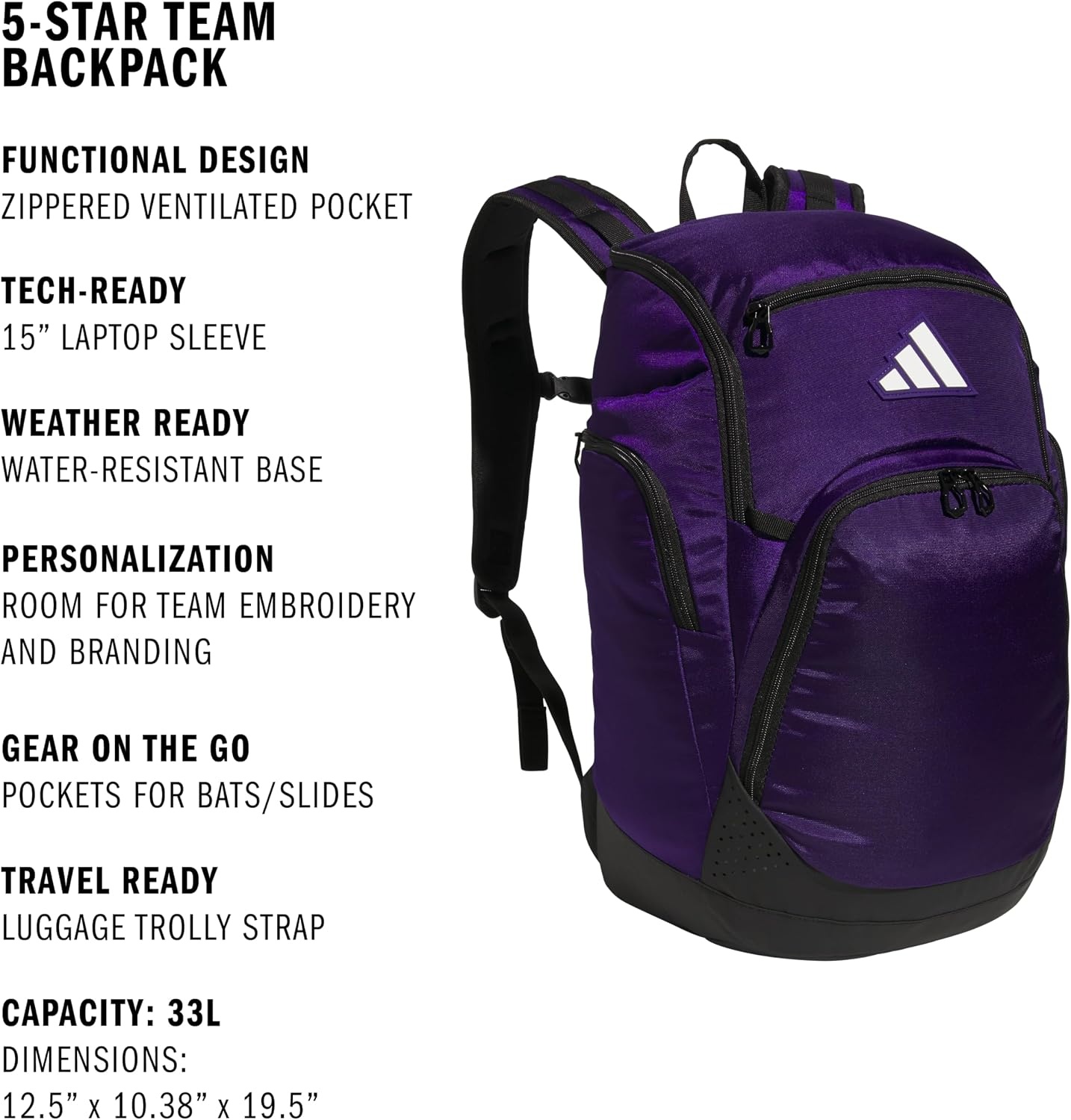 image:imageadidas 5Star Team 2 Backpack MultiSport Padded Laptop Sleeve Organizer Pockets WaterBottle Pockets Durable Build School Gym amp Travel ReadyTeam Collegiate Purple