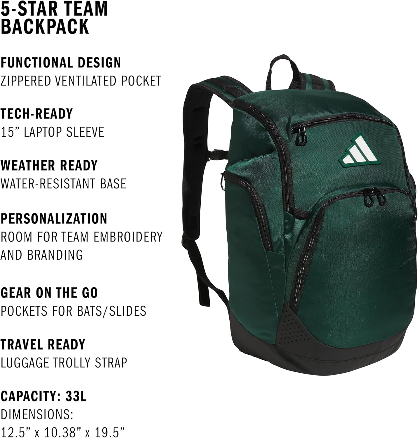 image:imageadidas 5Star Team 2 Backpack MultiSport Padded Laptop Sleeve Organizer Pockets WaterBottle Pockets Durable Build School Gym amp Travel ReadyTeam Dark Green