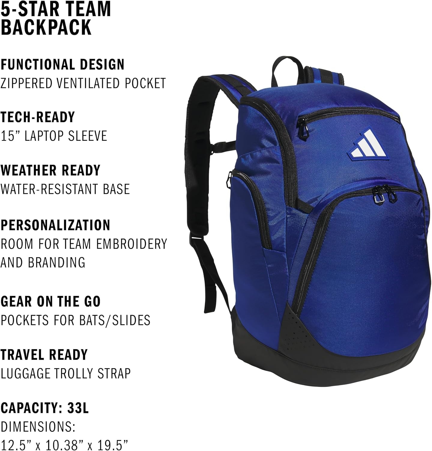 image:imageadidas 5Star Team 2 Backpack MultiSport Padded Laptop Sleeve Organizer Pockets WaterBottle Pockets Durable Build School Gym amp Travel ReadyTeam Royal Blue