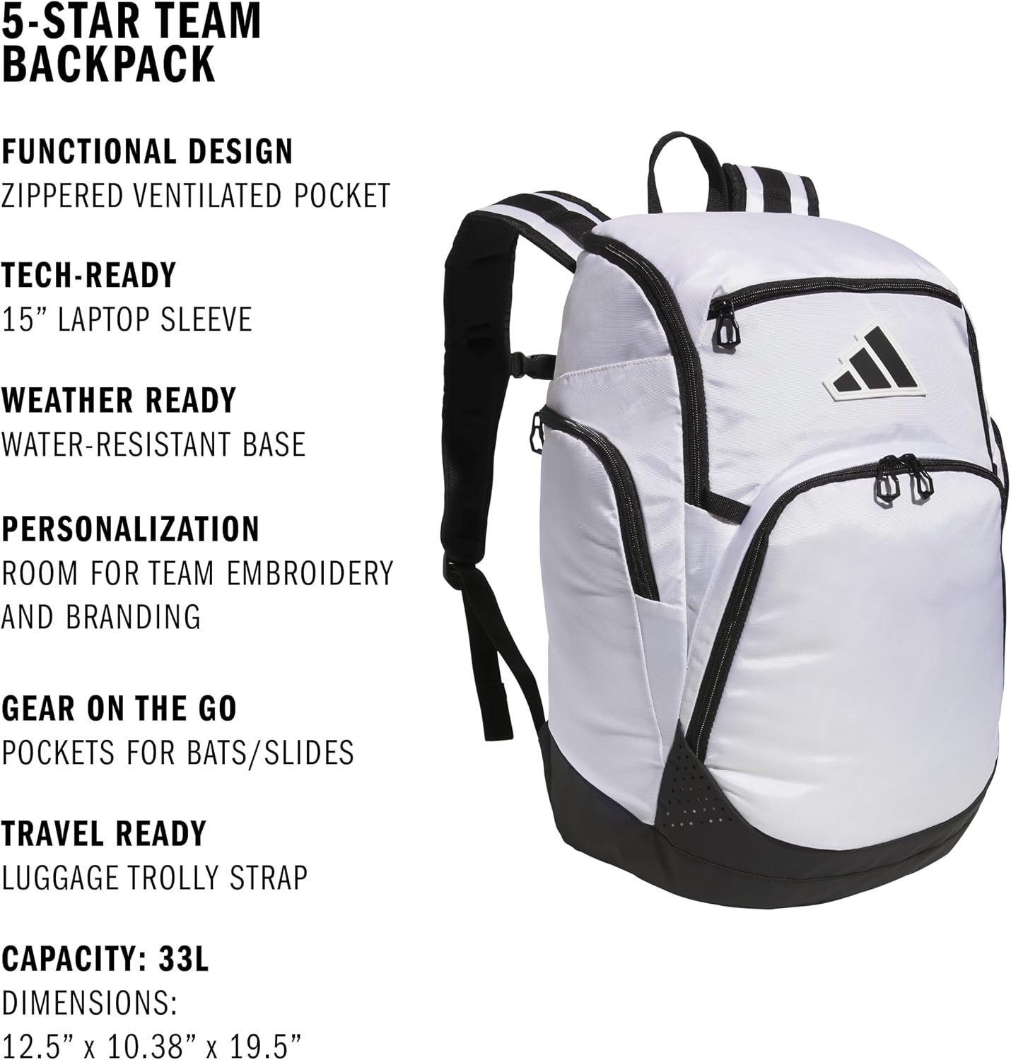 image:imageadidas 5Star Team 2 Backpack MultiSport Padded Laptop Sleeve Organizer Pockets WaterBottle Pockets Durable Build School Gym amp Travel ReadyWhite