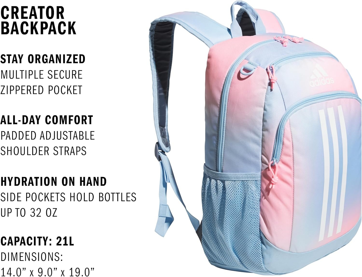 image:imageadidas Creator School Backpack 21L Padded Laptop Sleeve Durable Build RightSized For Kids Carries Comfortably Spills Wipe Away School Gym amp Travel ReadyDazed Gradient Clear SkyClear Sky BluePink Spark2
