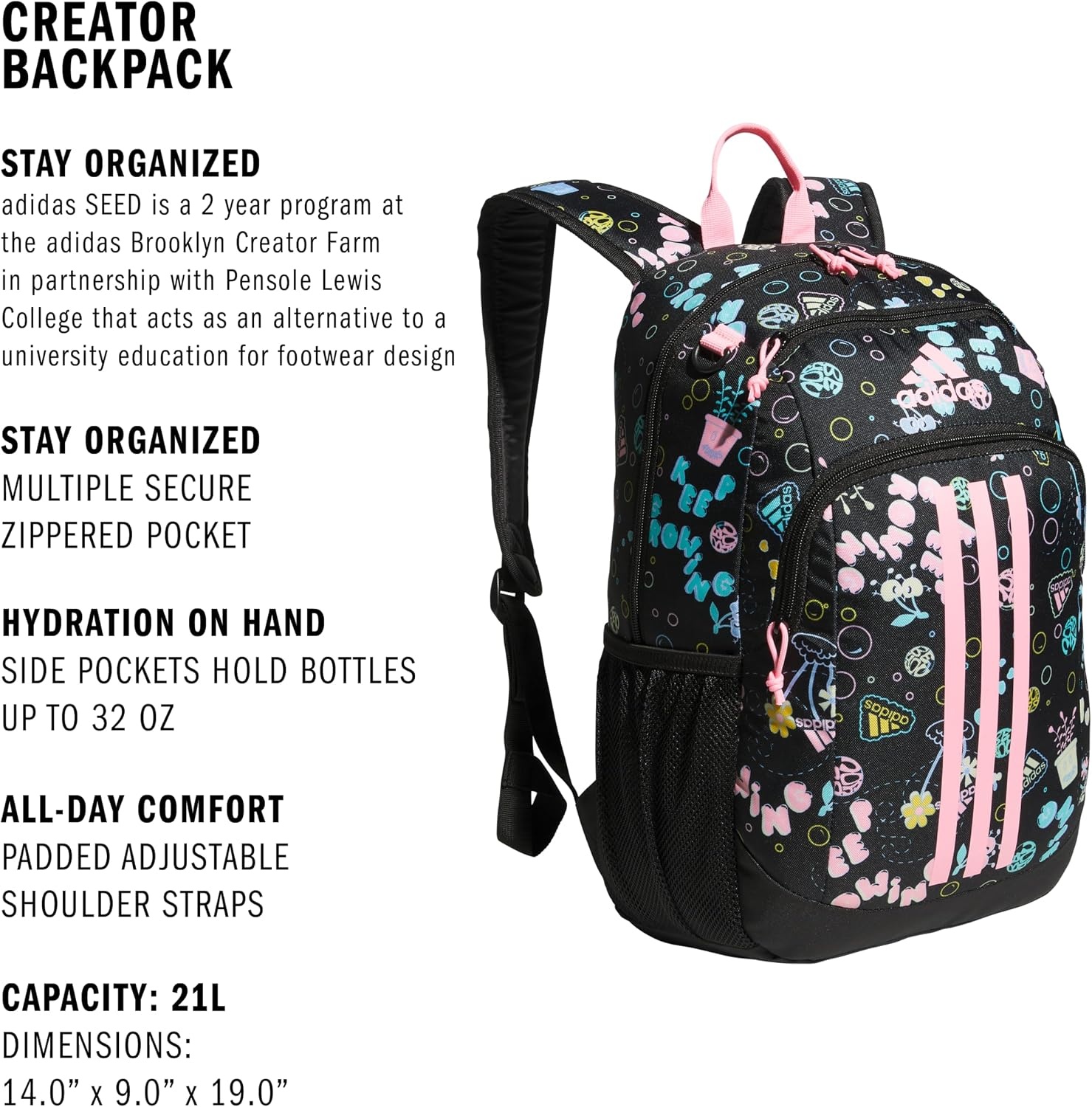image:imageadidas Creator School Backpack 21L Padded Laptop Sleeve Durable Build RightSized For Kids Carries Comfortably Spills Wipe Away School Gym amp Travel ReadySeed Hyper Optimism