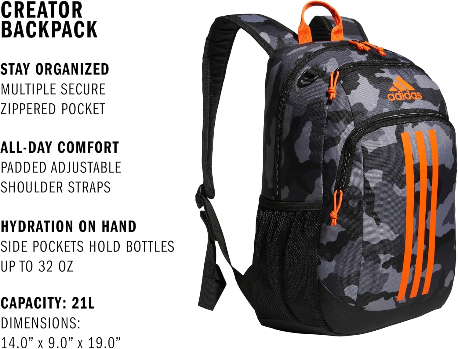 image:imageadidas Creator School Backpack 21L Padded Laptop Sleeve Durable Build RightSized For Kids Carries Comfortably Spills Wipe Away School Gym amp Travel ReadyCamouflage CarbonBlackImpact Orange2